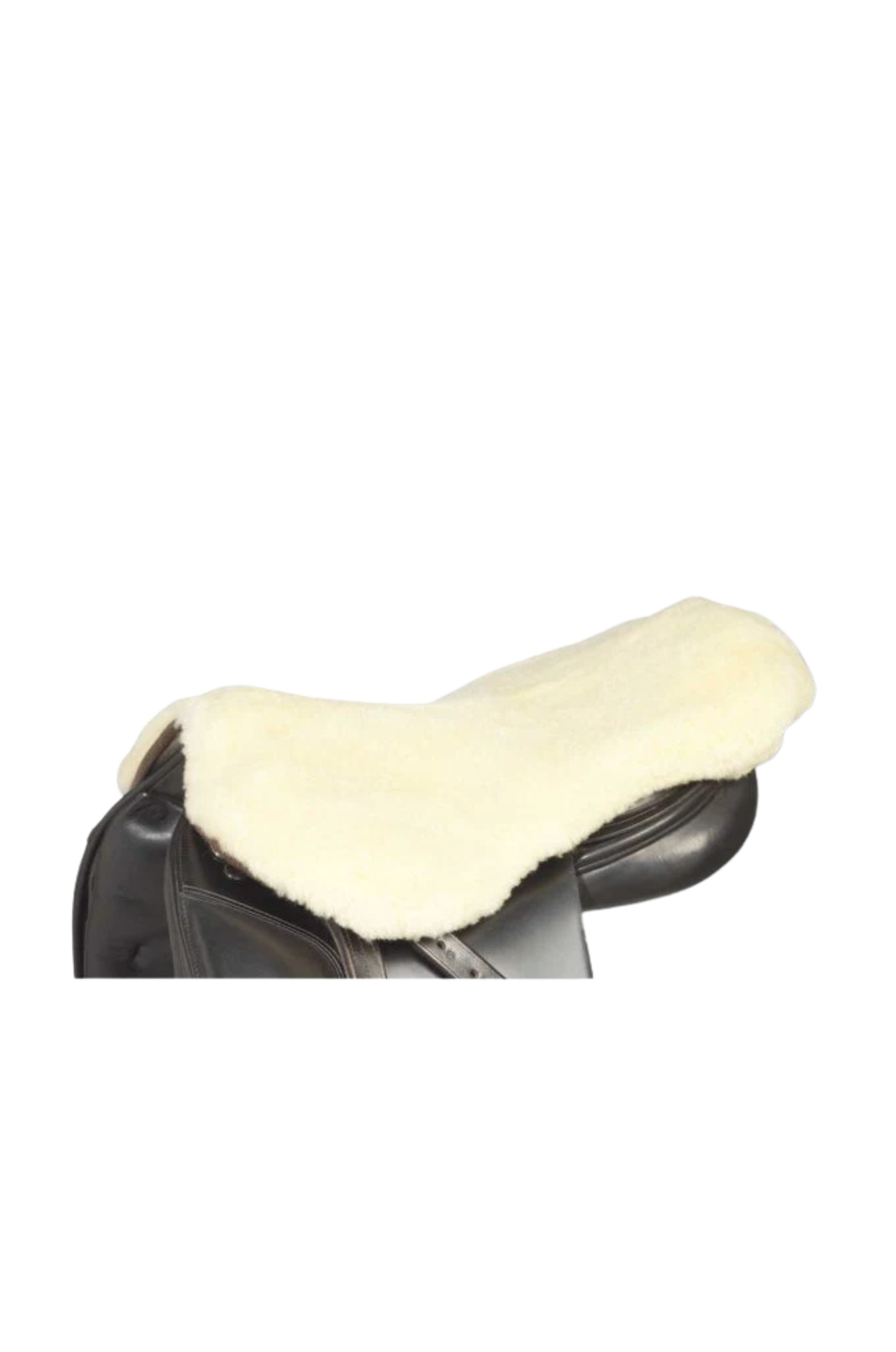 White sheepskin saddle cover on a black horse saddle against a white background