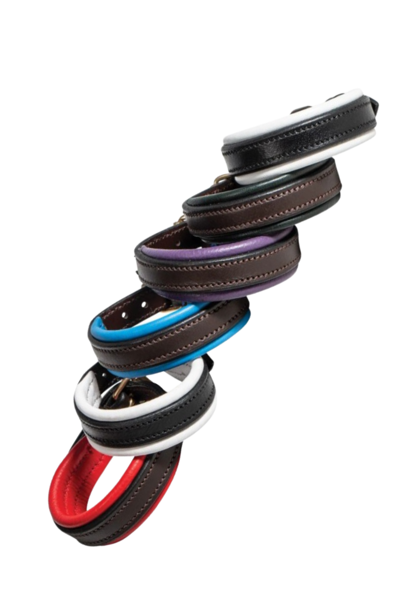 Stack of colorful bracelets on a white background