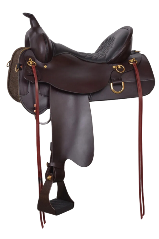A brown leather Circle Y Big Springs trail saddle with brass hardware and a quilted seat, designed for advanced trail riders.