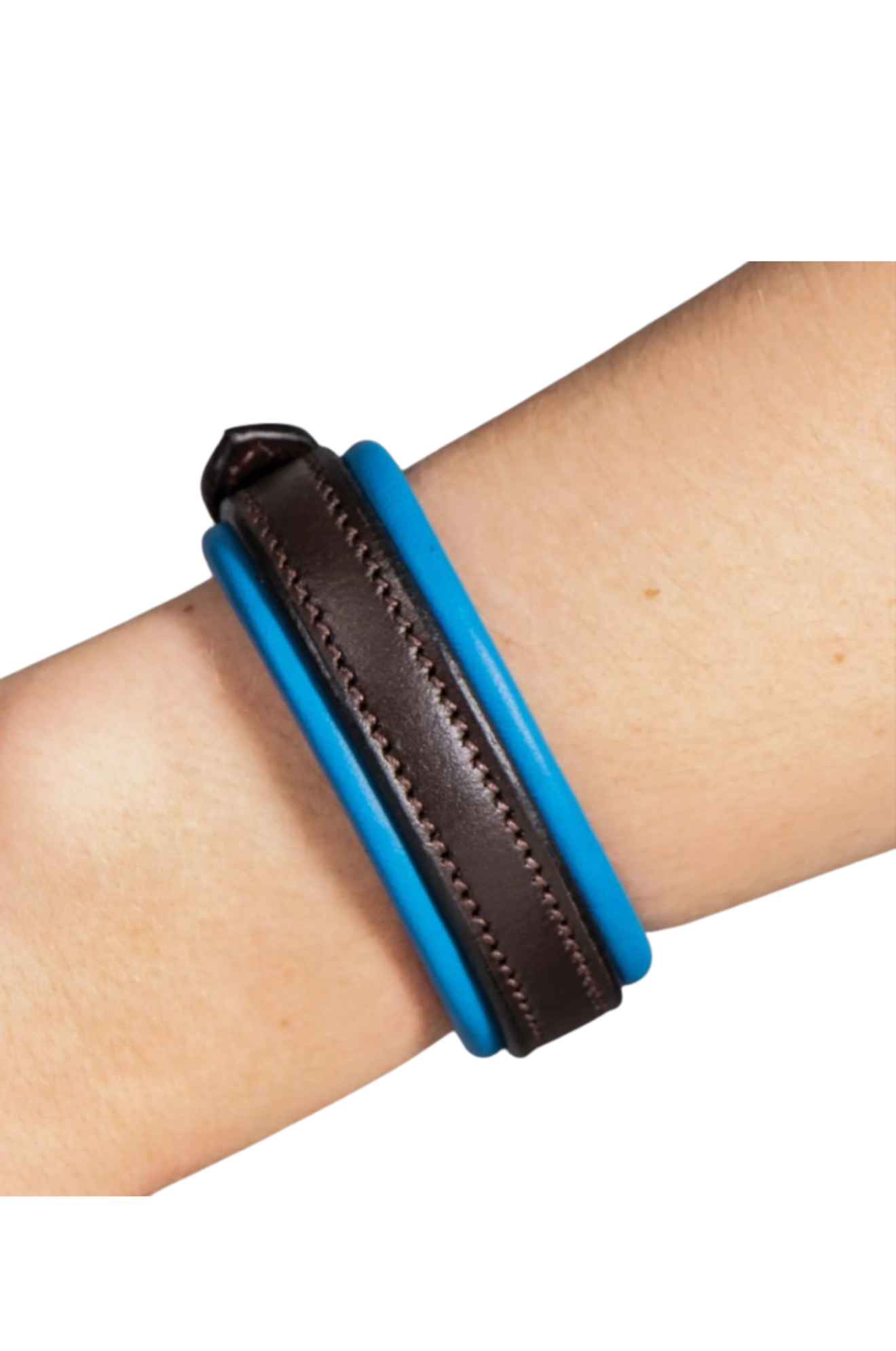 Blue and brown leather bracelet on a wrist against a white background