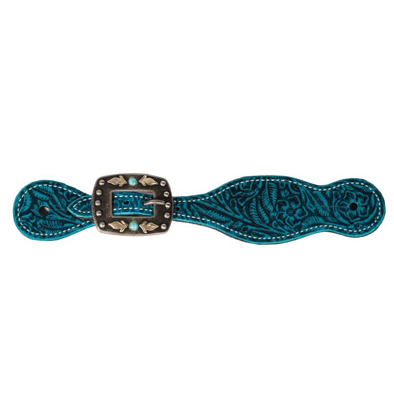 Aqua floral patterned spur strap with a black latigo leather center bar buckle featuring turquoise spots.