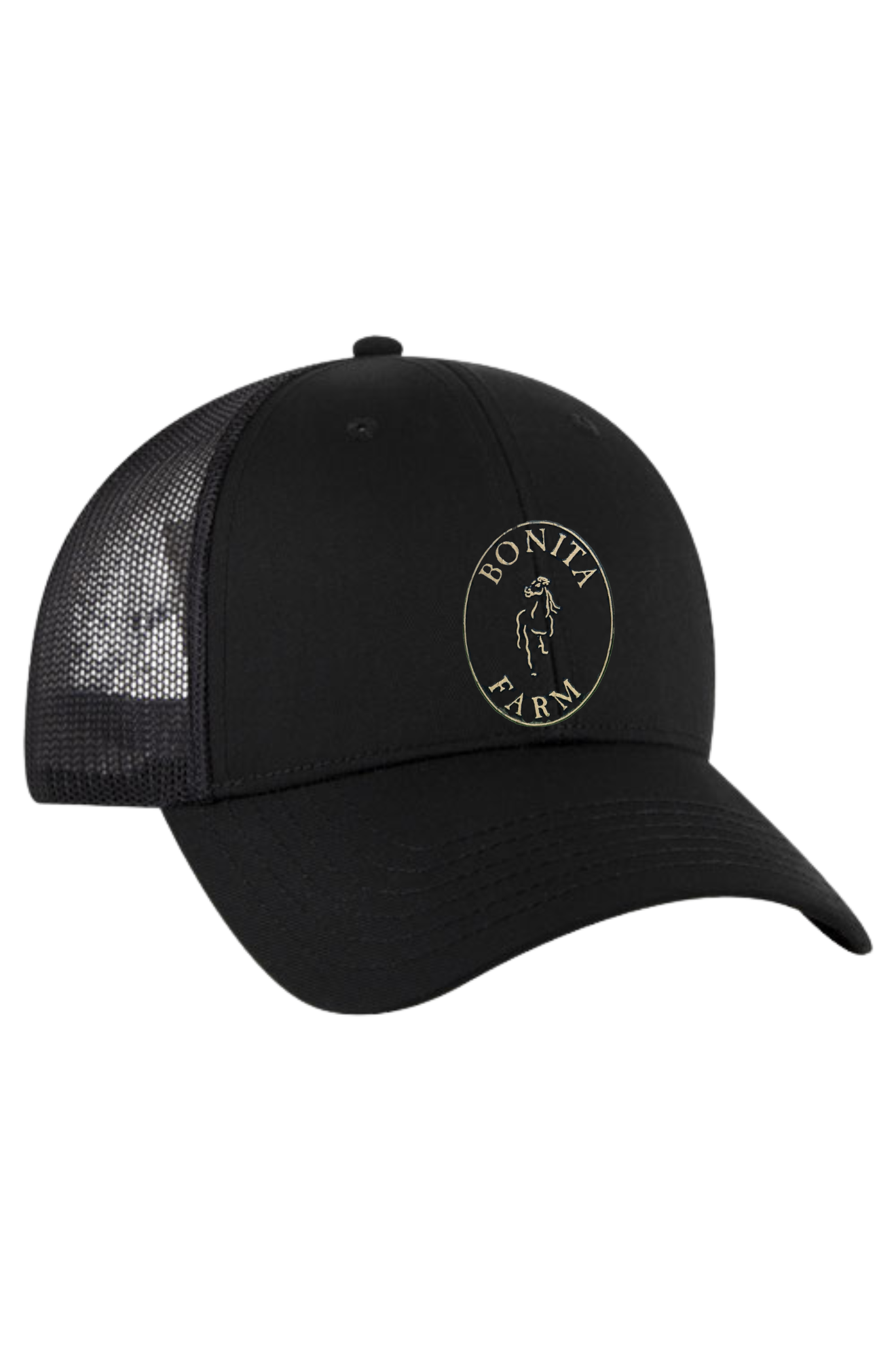 Black cap with mesh back and 'Bonita Farm' logo on a white background