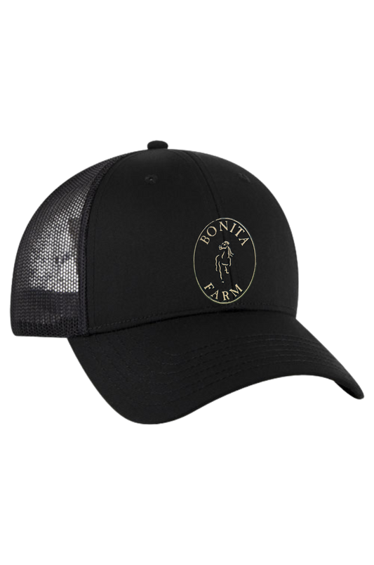 Black cap with mesh back and 'Bonita Farm' logo on a white background