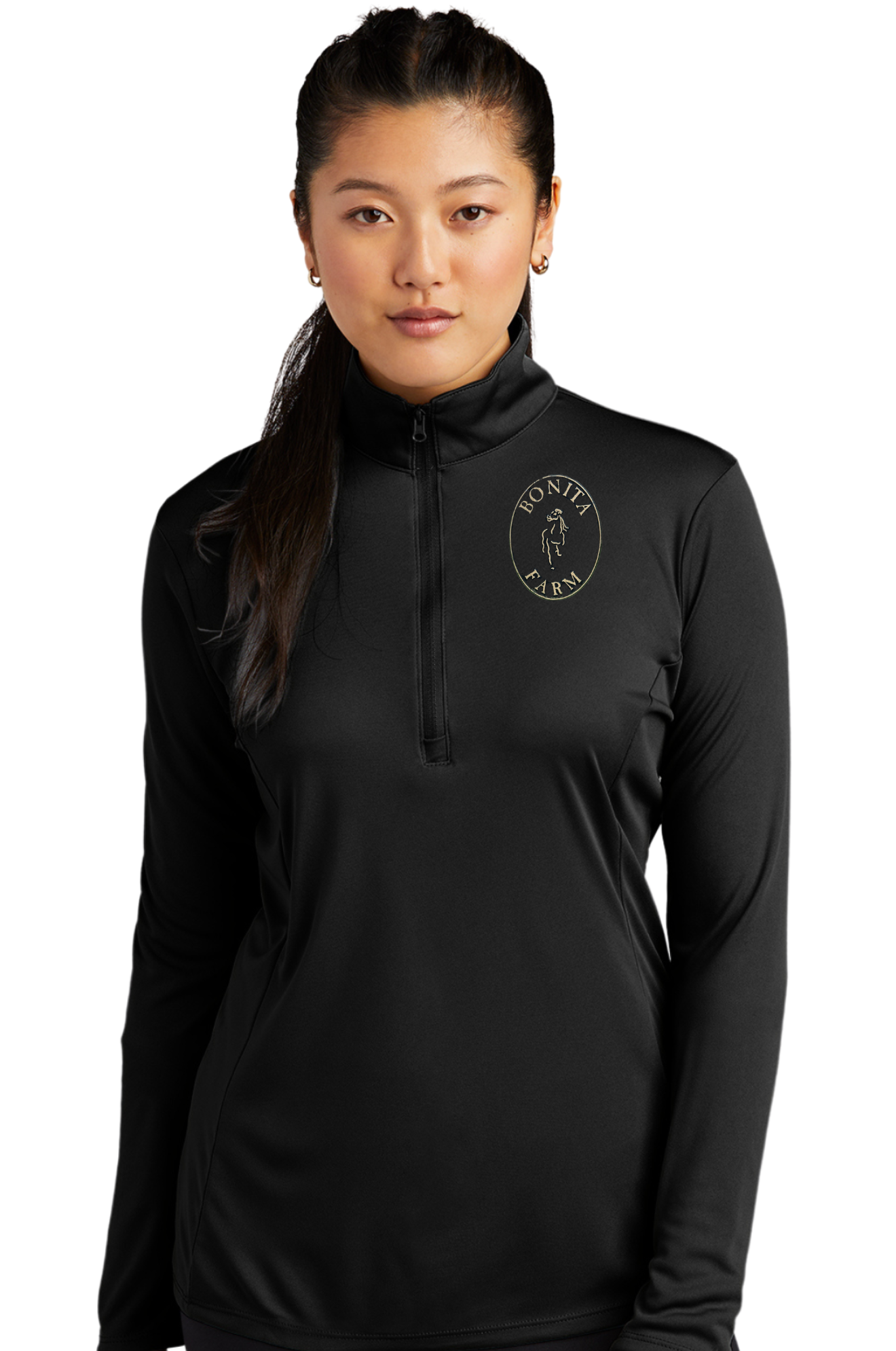 Woman wearing a black long-sleeve shirt with a logo on a white background