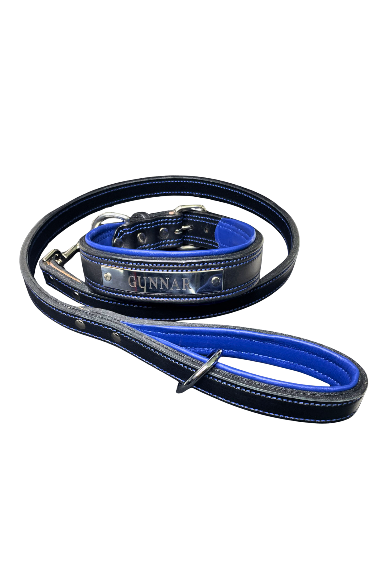 Black and blue dog collar and leash set on a white background