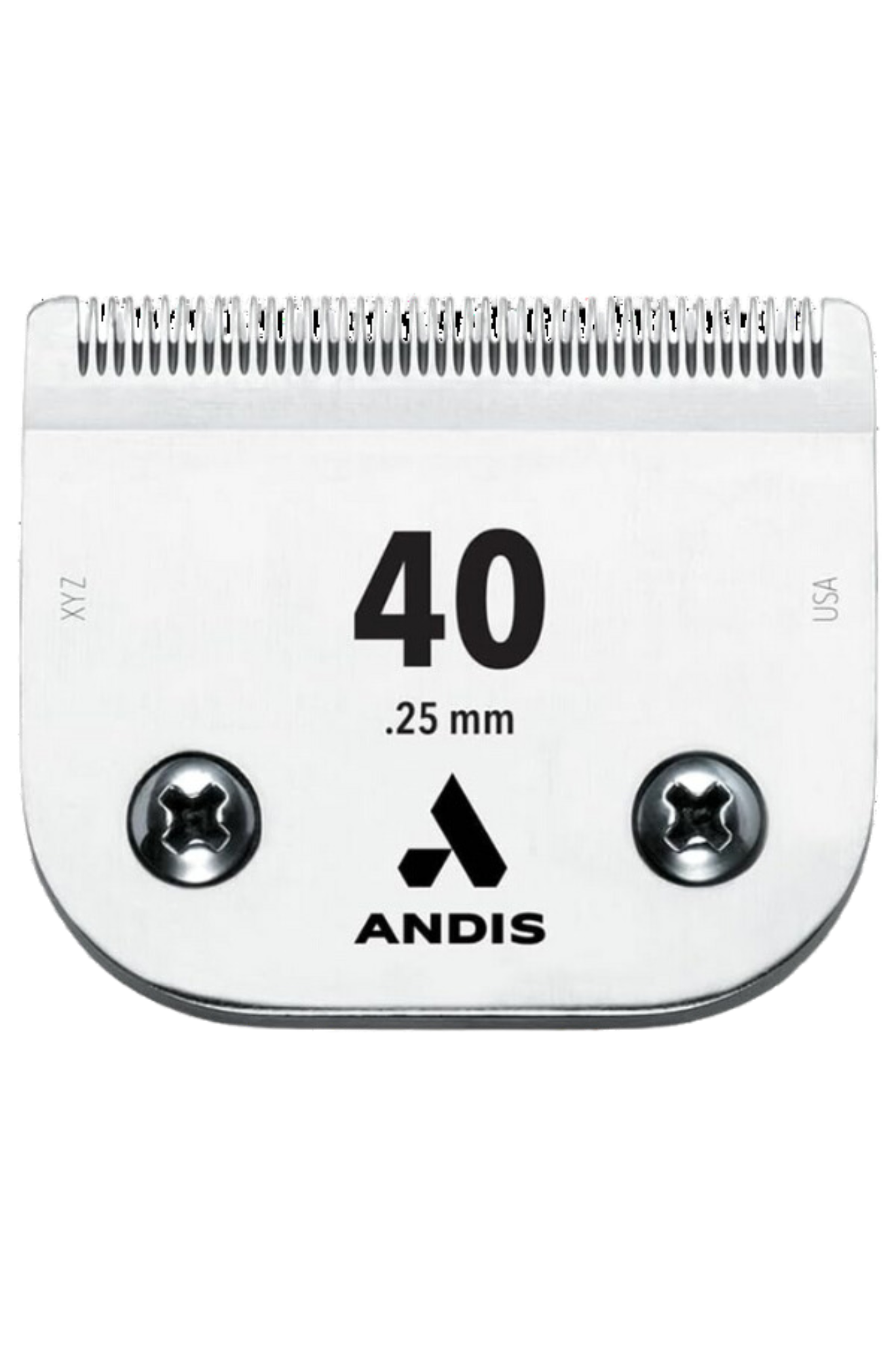 Detachable blade for Andis clippers, marked with the number 40 and a thickness of .25 mm, predominantly silver in color with the Andis logo.