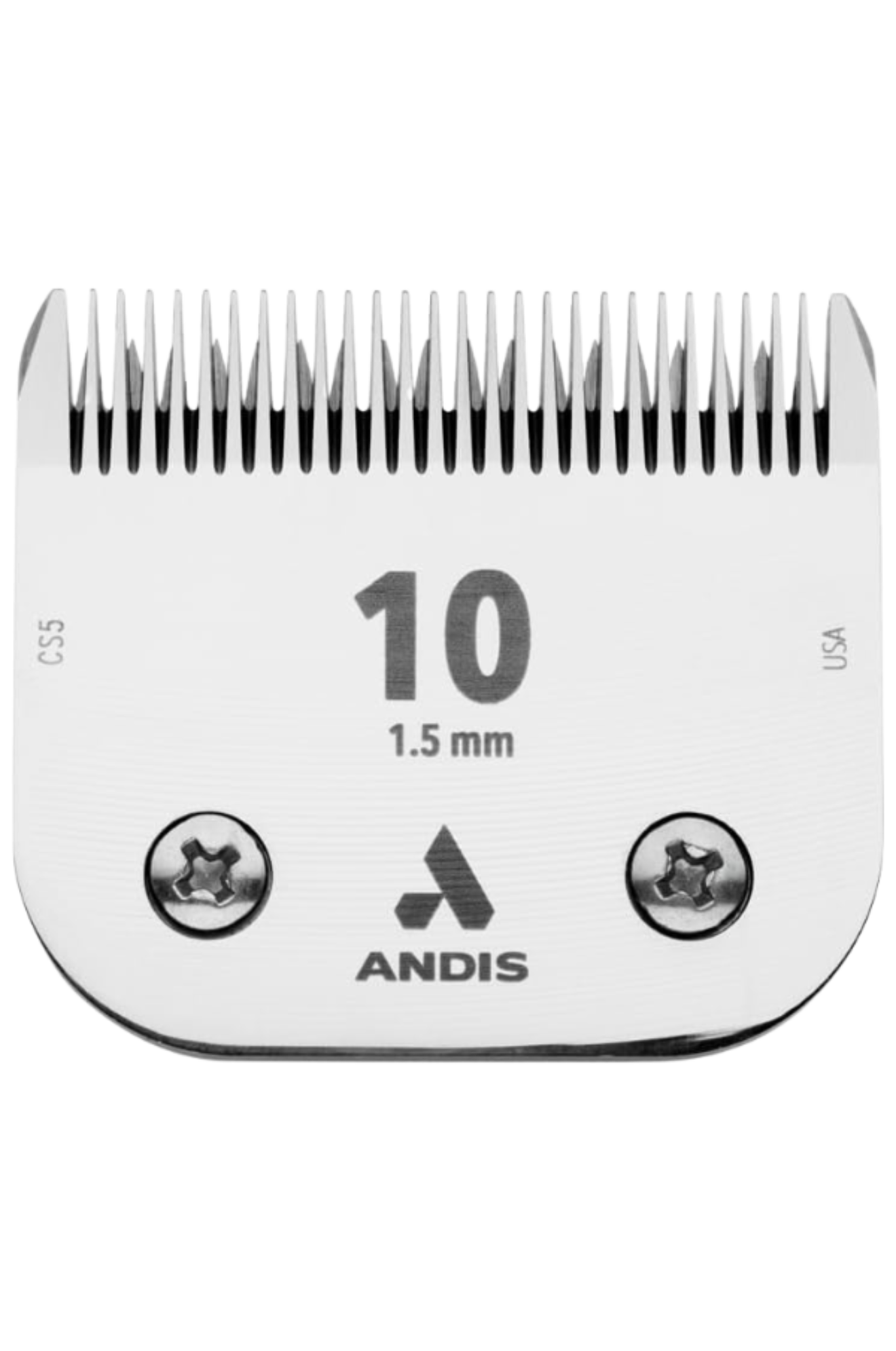 Detachable blade for Andis clippers, marked with the number 10 and a thickness of 1.5 mm, predominantly silver in color with the Andis logo.
