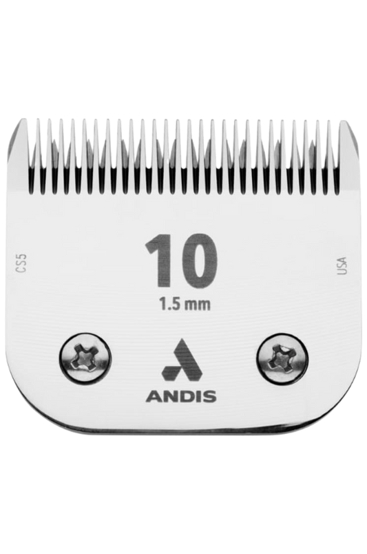 Detachable blade for Andis clippers, marked with the number 10 and a thickness of 1.5 mm, predominantly silver in color with the Andis logo.