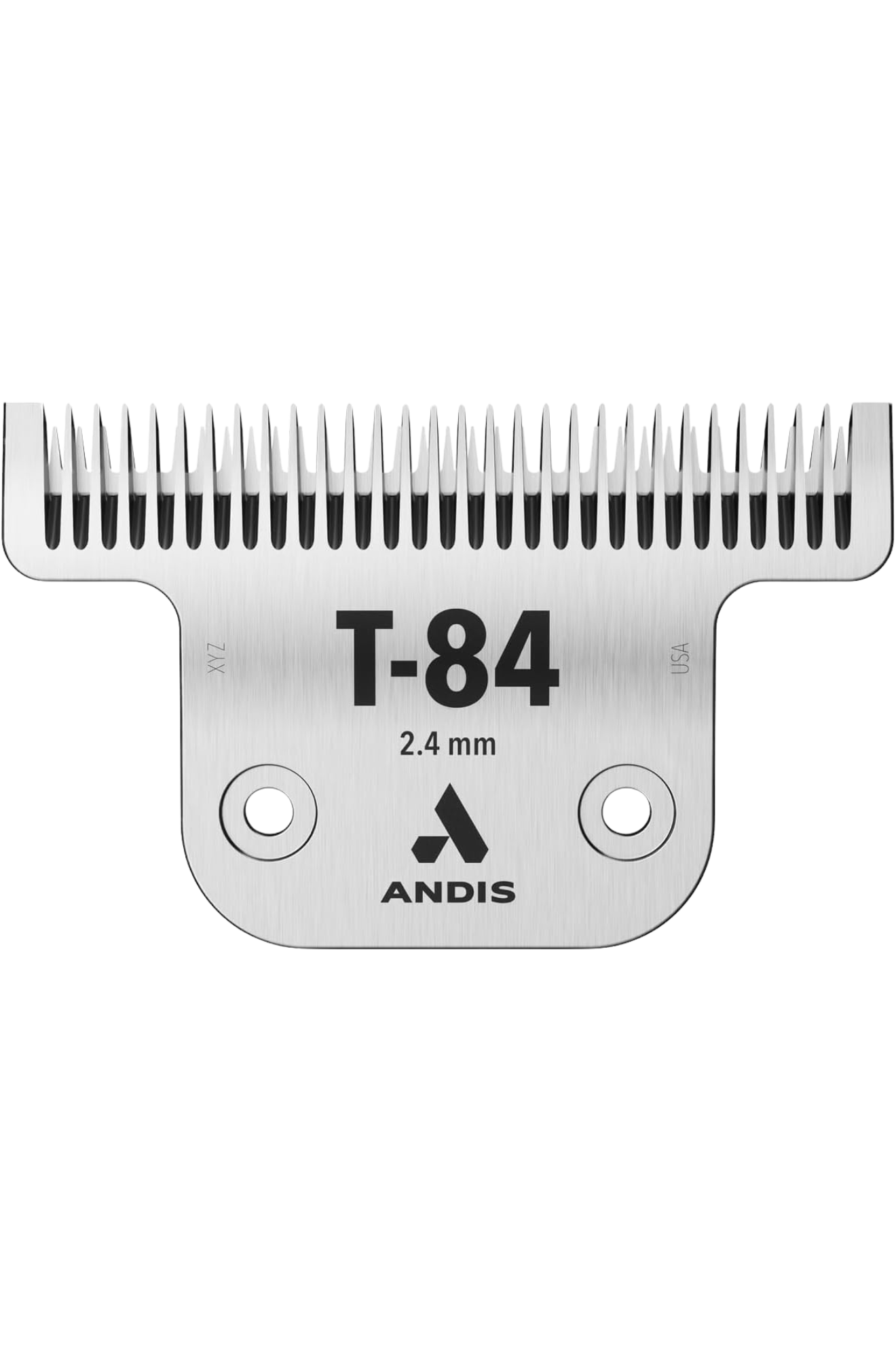 Detachable blade for Andis clippers, marked with the number t-84 and a thickness of 2.4 mm, predominantly silver in color with the Andis logo.