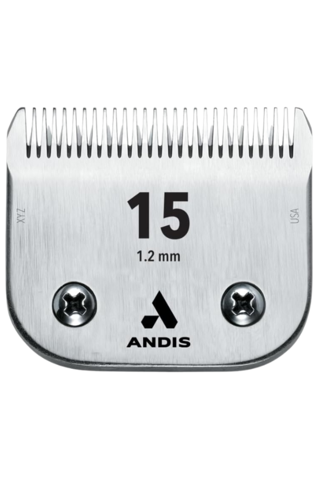 Detachable blade for Andis clippers, marked with the number 15 and a thickness of 1.2 mm, predominantly silver in color with the Andis logo.