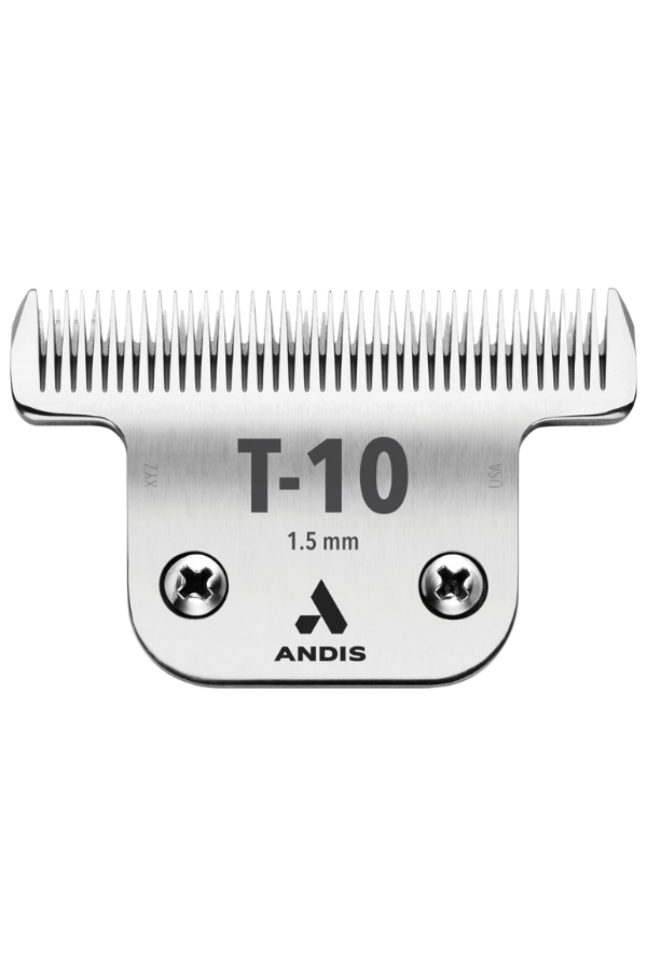 Detachable blade for Andis clippers, marked with the number t-10 and a thickness of 1.5 mm, predominantly silver in color with the Andis logo.