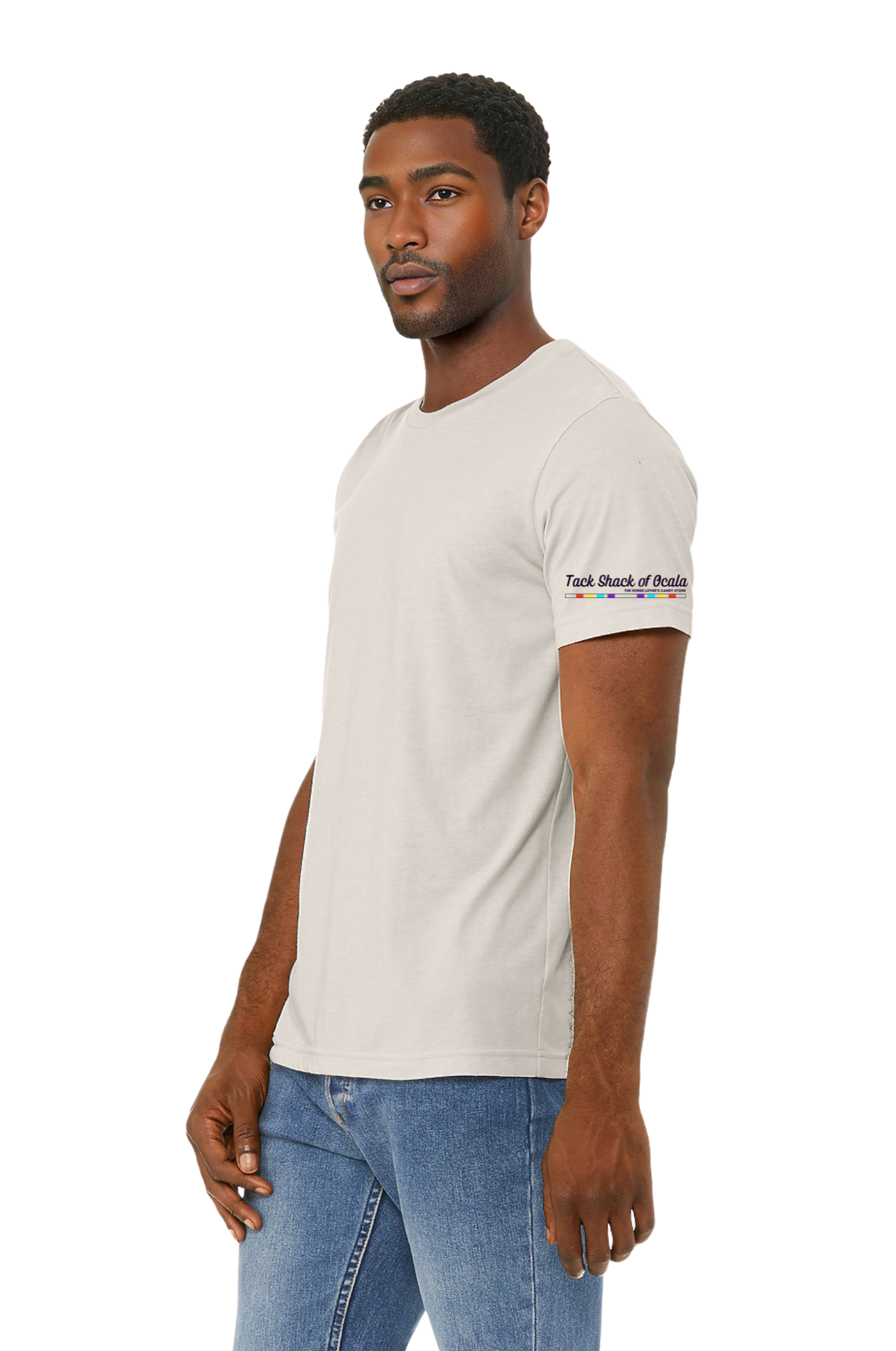 Man wearing a white t-shirt with text on the sleeve against a white background