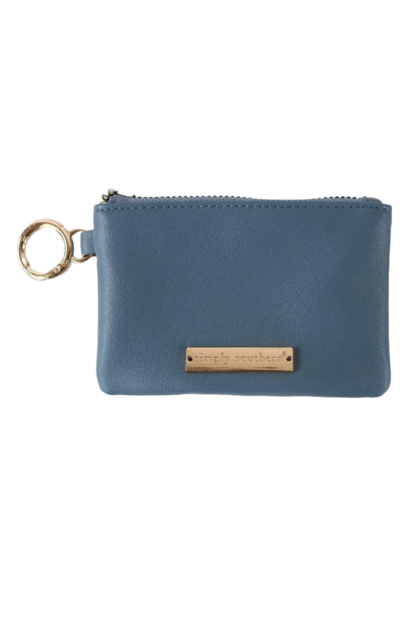 A brown faux leather coin purse with a zipper closure and a metal key ring attached.