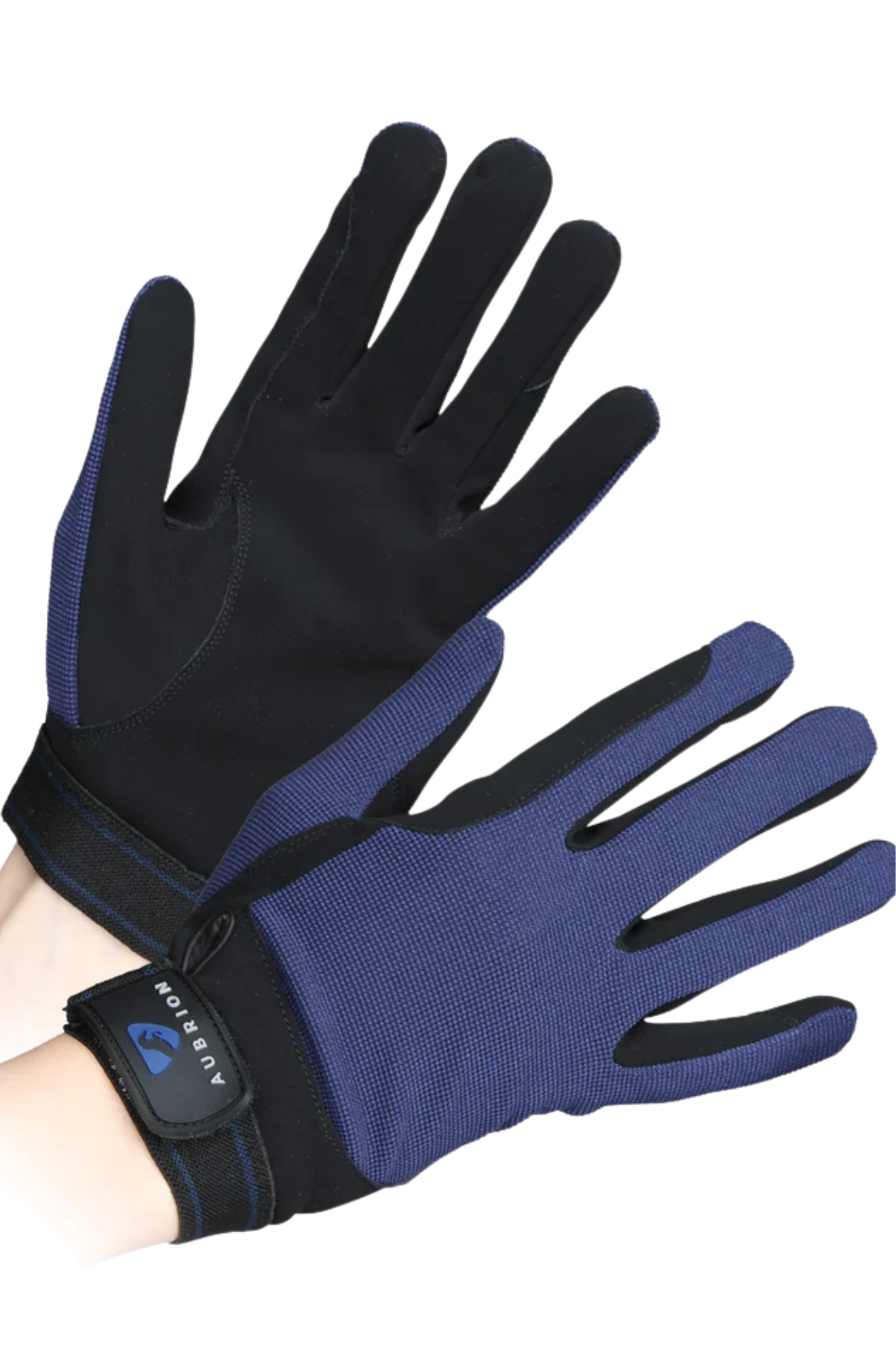 Pair of blue and black gloves with a visible brand logo on a white background
