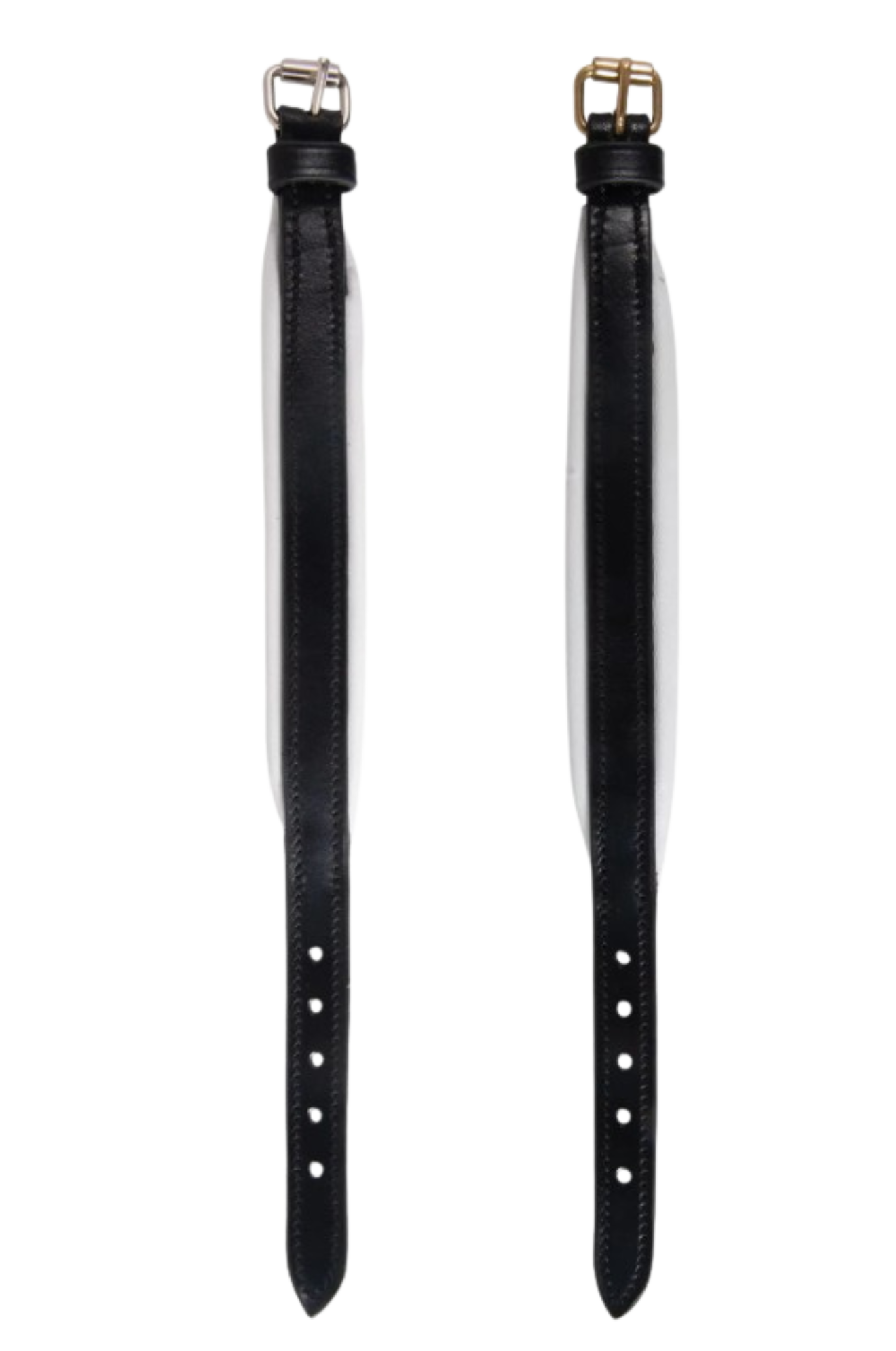 Two black leather straps with gold buckles on a white background