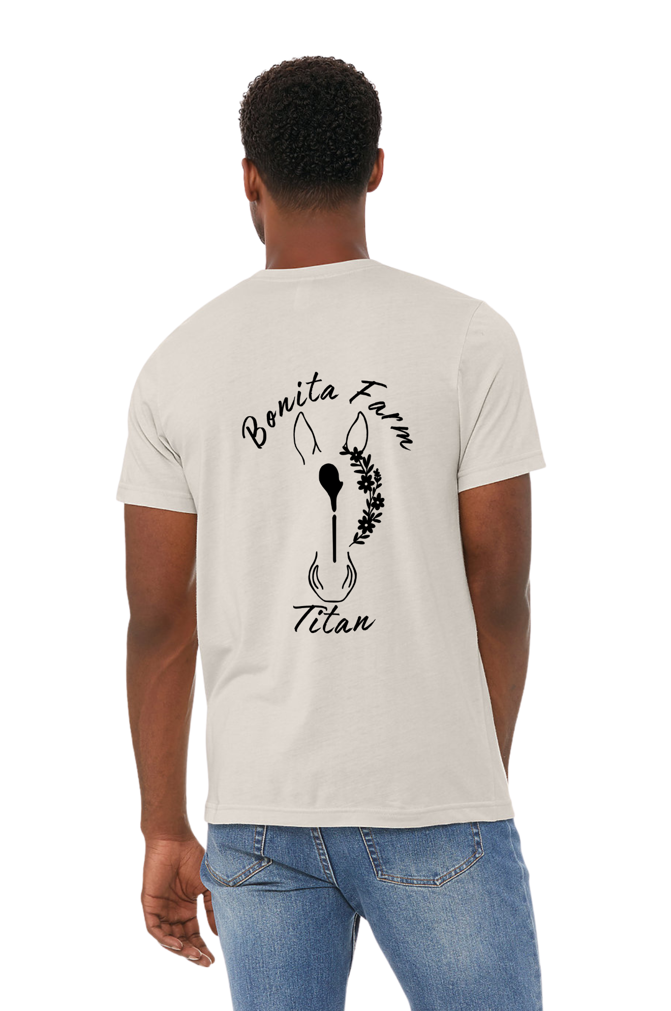 Person wearing a white t-shirt with 'Bonita Farm Titan' design on the back, standing against a white background.