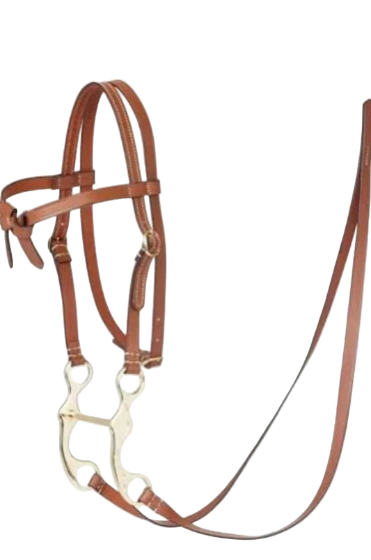 A brown hobby horse western bridle with a metallic bit and leather straps.