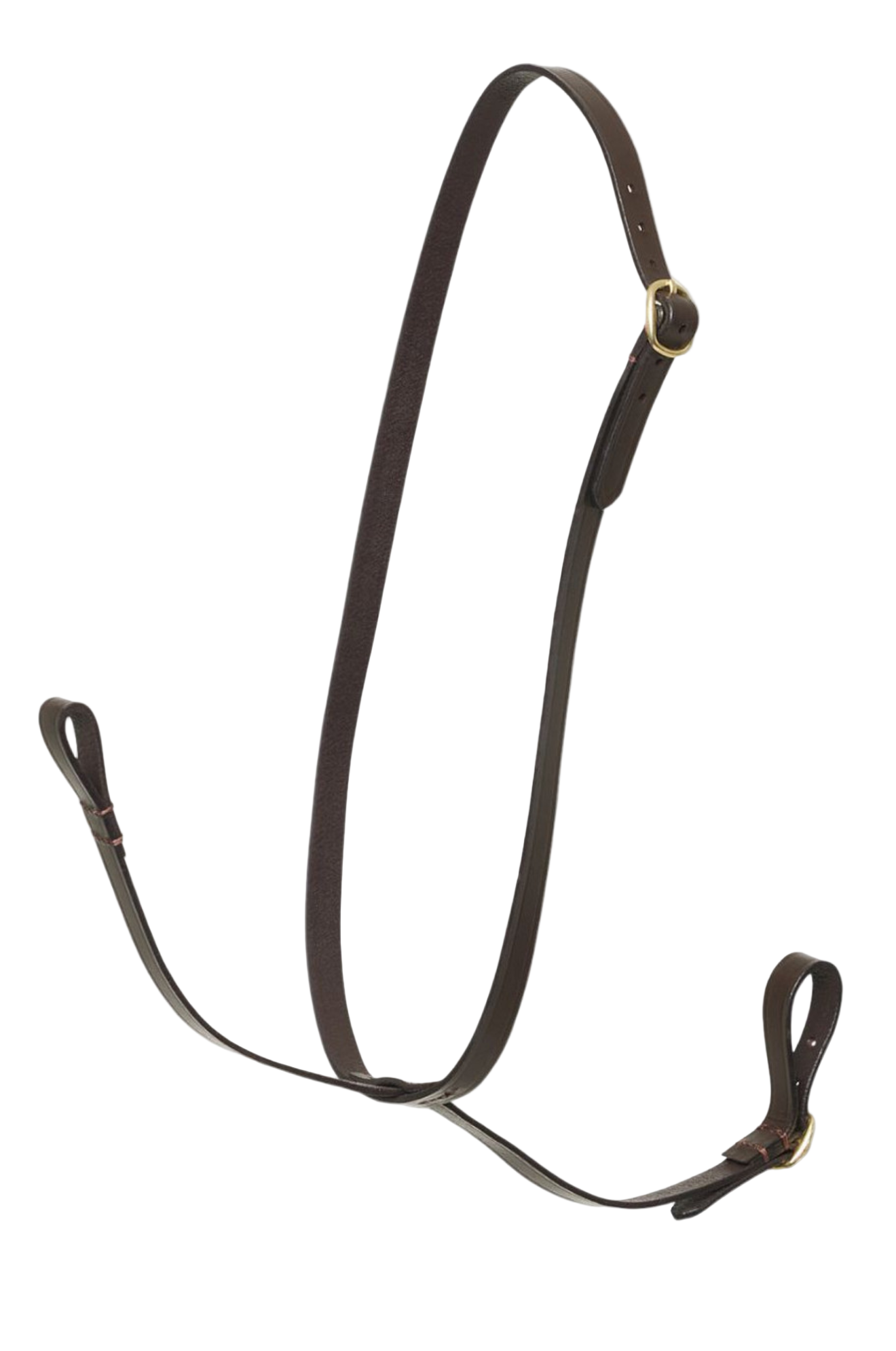 A brown standing martingale for a hobby horse, featuring a looped strap with buckles.