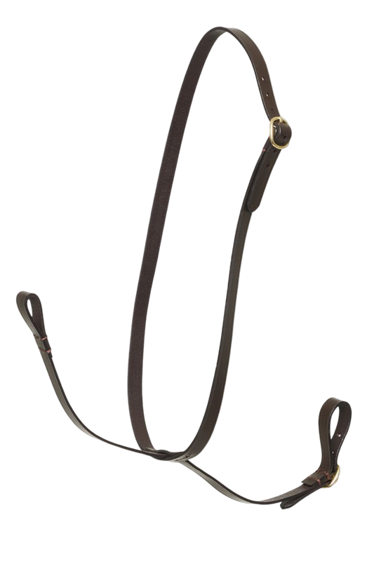 A brown standing martingale for a hobby horse, featuring a looped strap with buckles.
