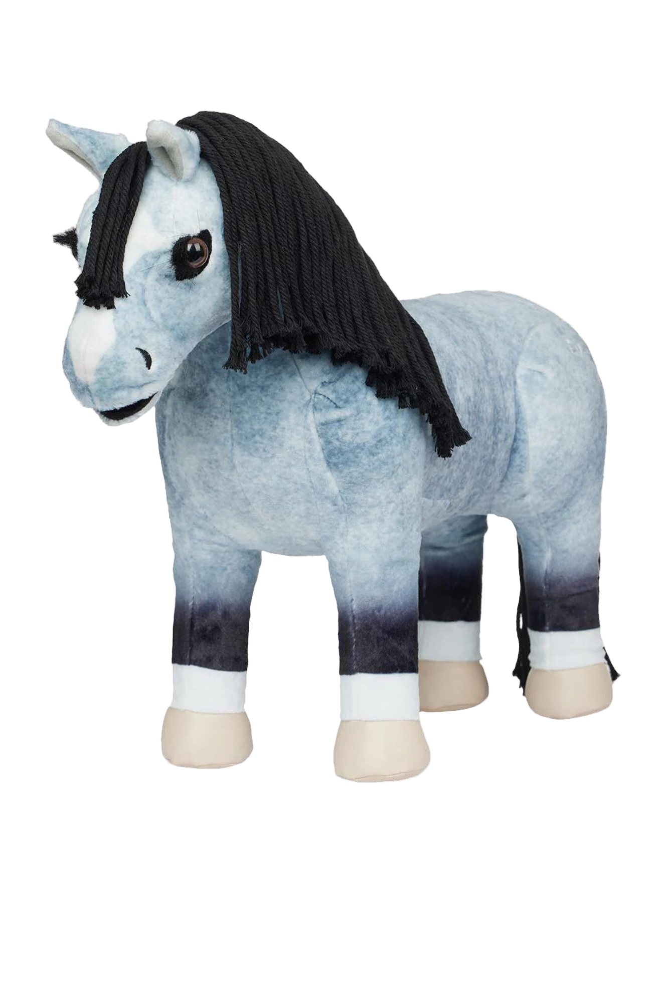 A plush toy representing a gray pony with a black mane and tail.