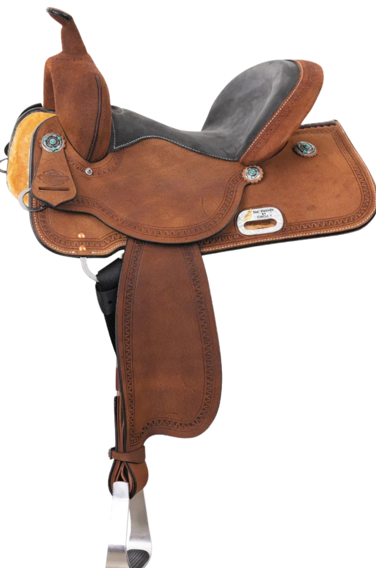 Brown leather saddle with black interior on a white background