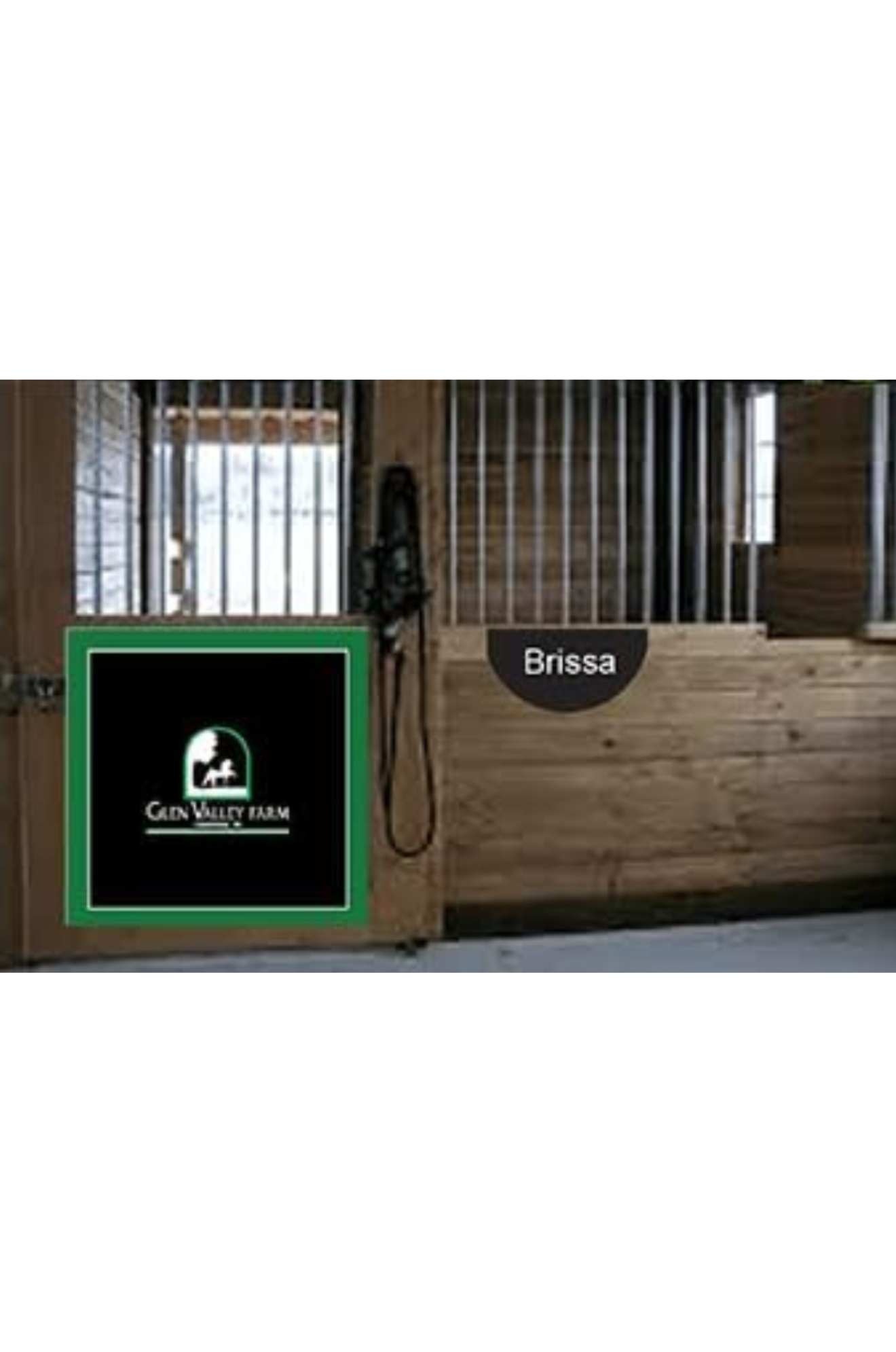 Stable door with 'Brissa' branding and 'Green Valley Farm' logo in a barn setting.