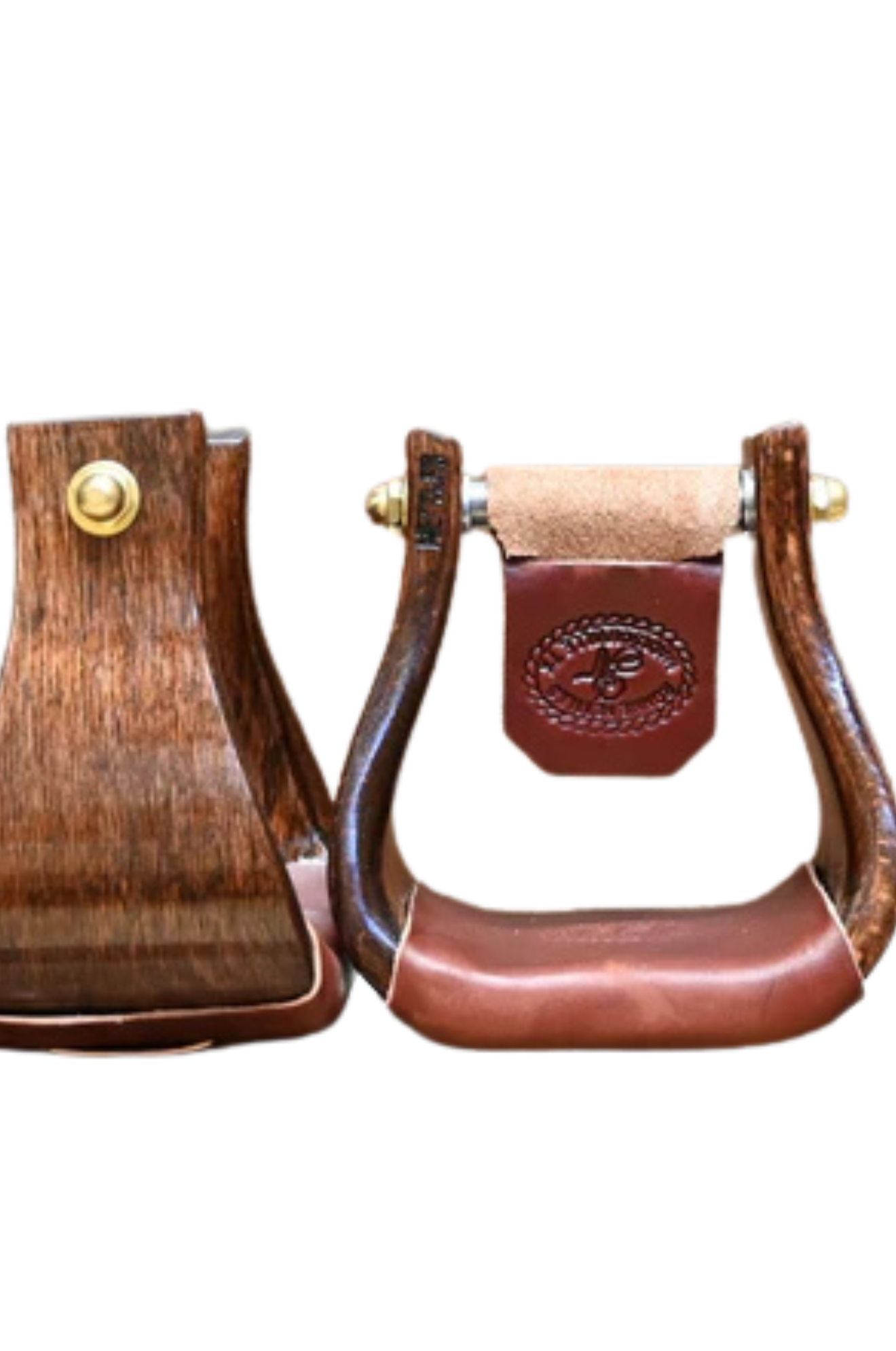 A pair of Nettles 2 flat bottom cherry stirrups, featuring a brown leather and wood design with a metal buckle.