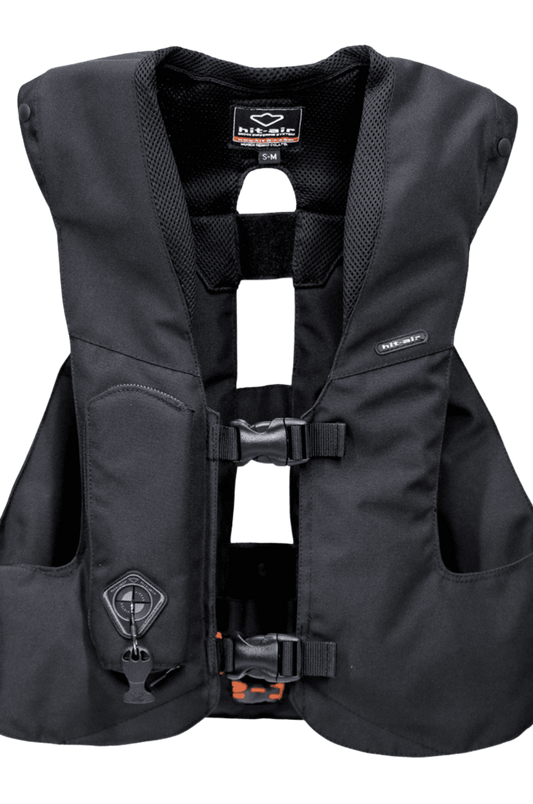 A black Hit-Air Original Lightweight SV3 vest with a YKK Vislon zipper, harness design, and airbag deployment system.