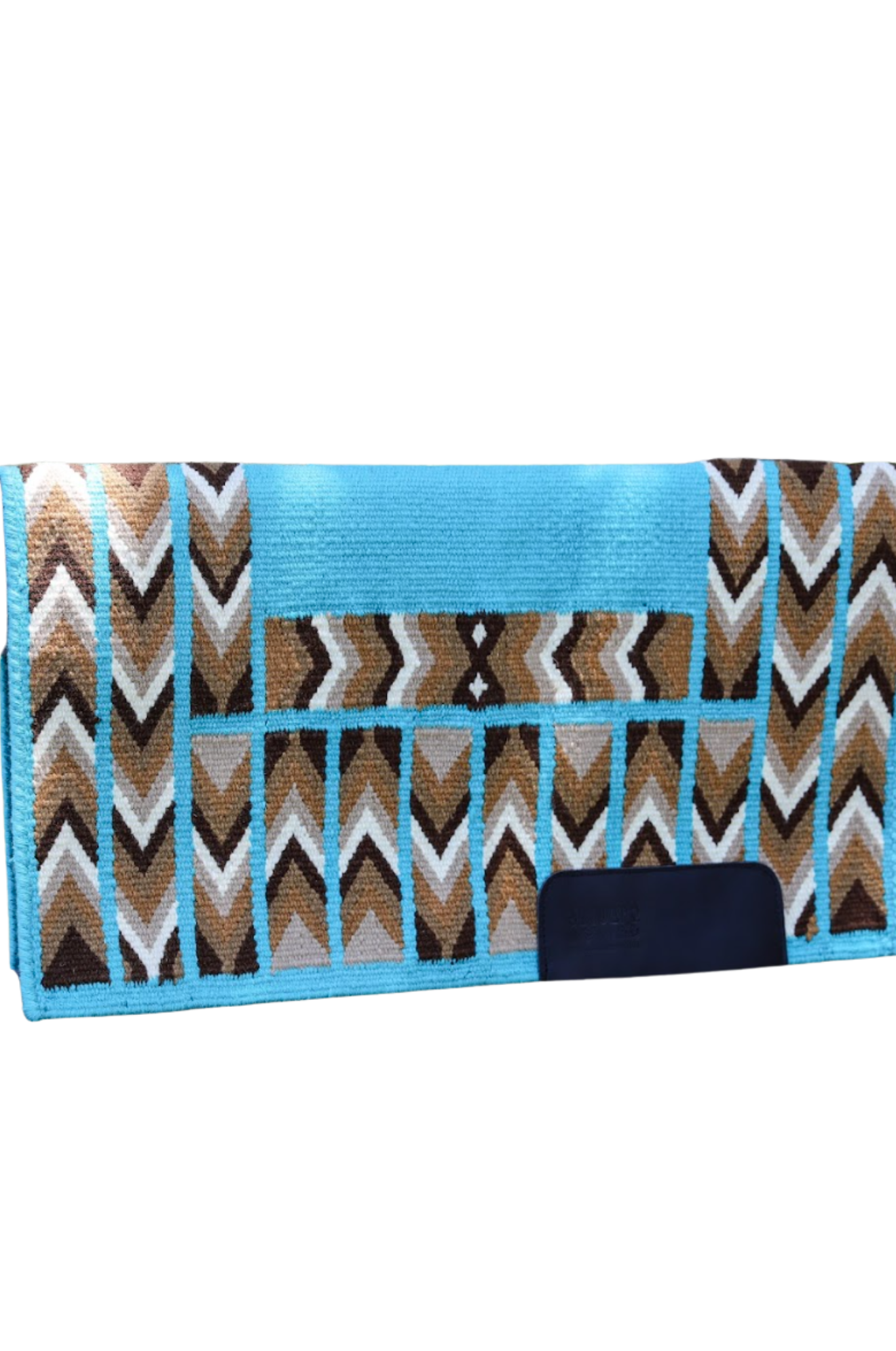Patterned saddle pad with blue border on a white background