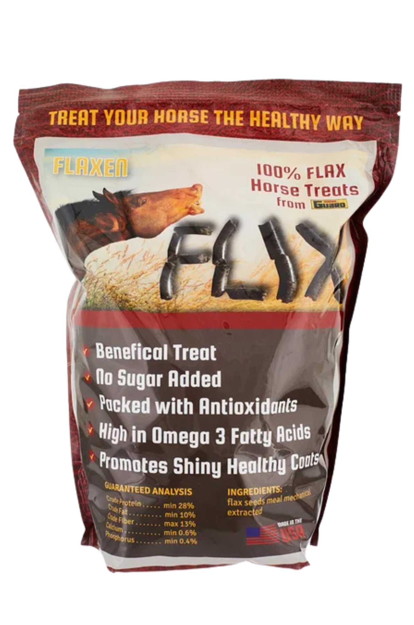 Bag of FLAX horse treats with text on a white background
