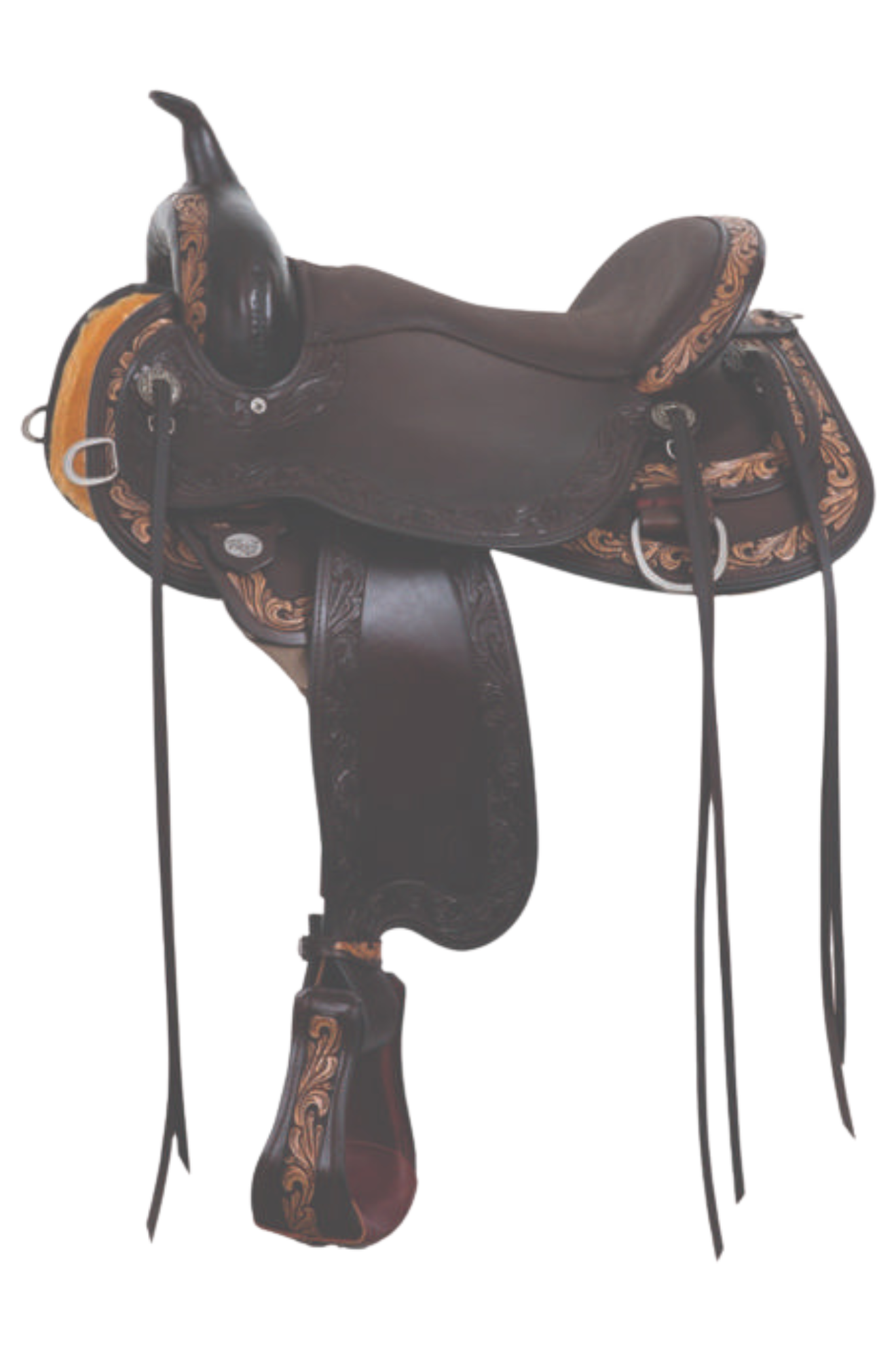 A brown GREENBRIER FLEX 2 TRAIL SADDLE with a close contact skirt shape, featuring a vintage finish and chocolate leather seat jockeys.