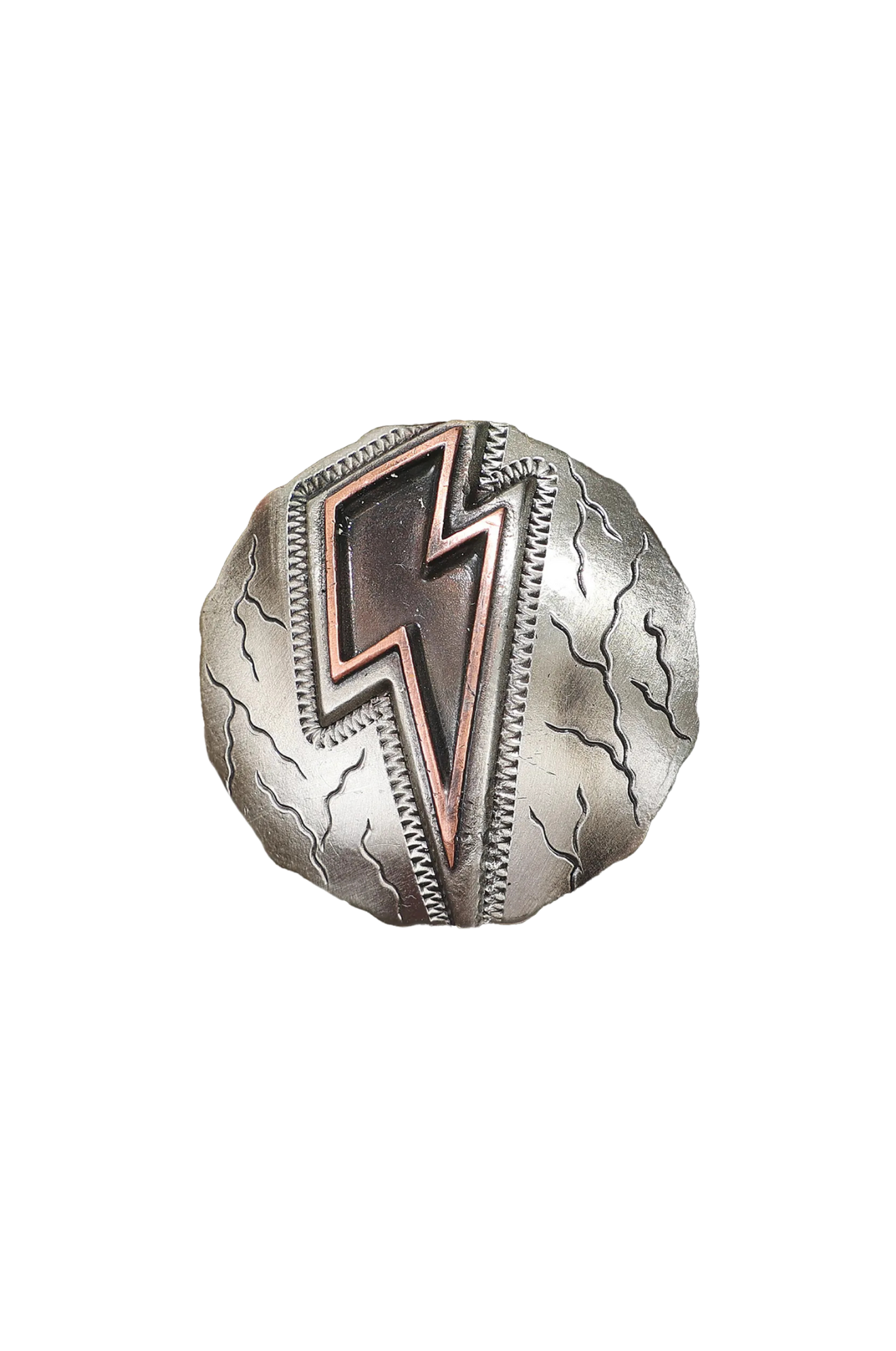 A brown leather saddle with cutout skirt, braided strings, and lightning bolt conchos, designed for barrel racing.