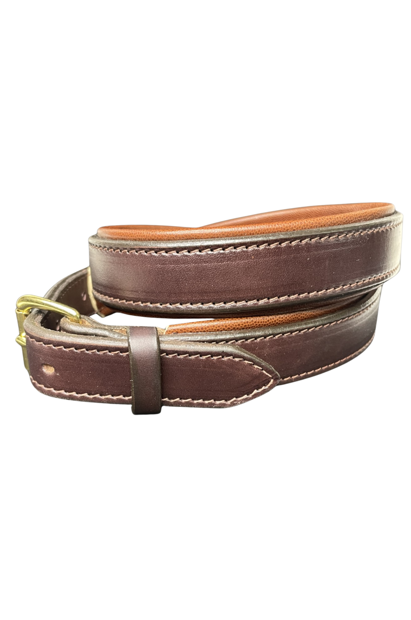 Brown leather belt with gold buckle on a white background