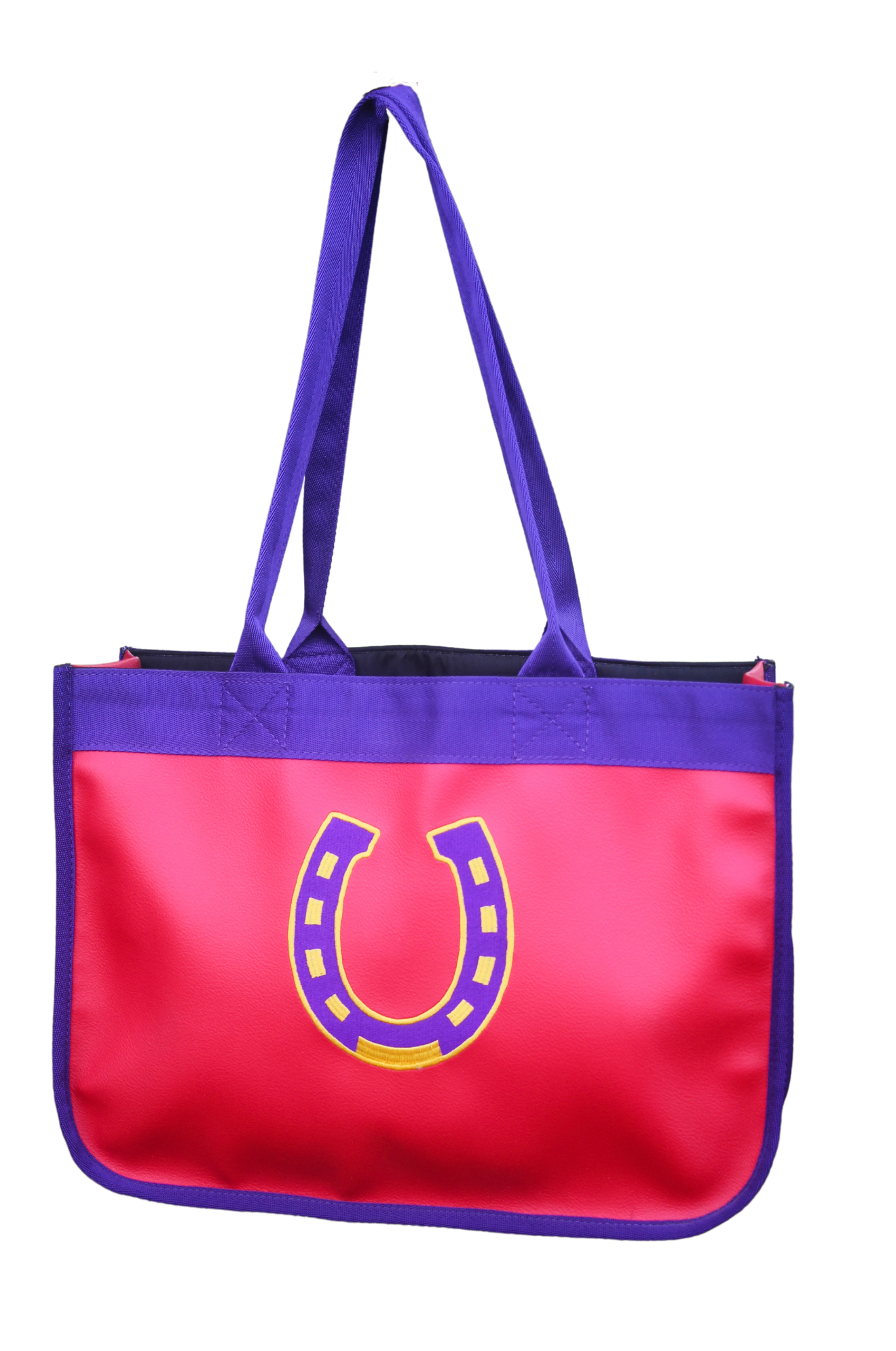 A red and blue paddock bag with a large yellow horseshoe logo on the front and purple straps.