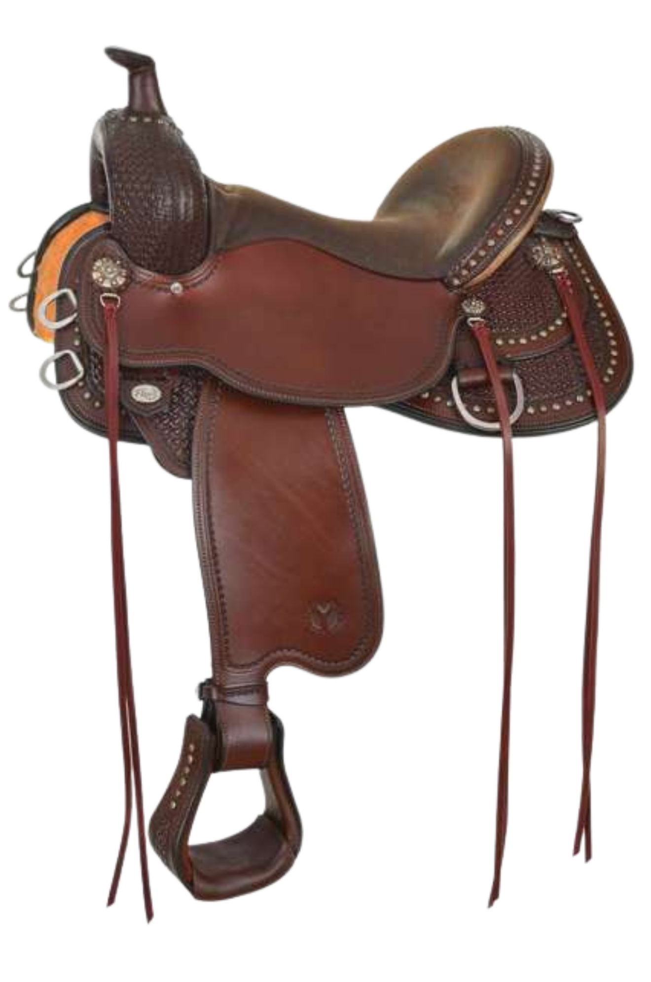 RENO FLEX2 TRAIL-SPOTS-1/2 SADDLE Brown leather saddle with decorative elements on a white background
