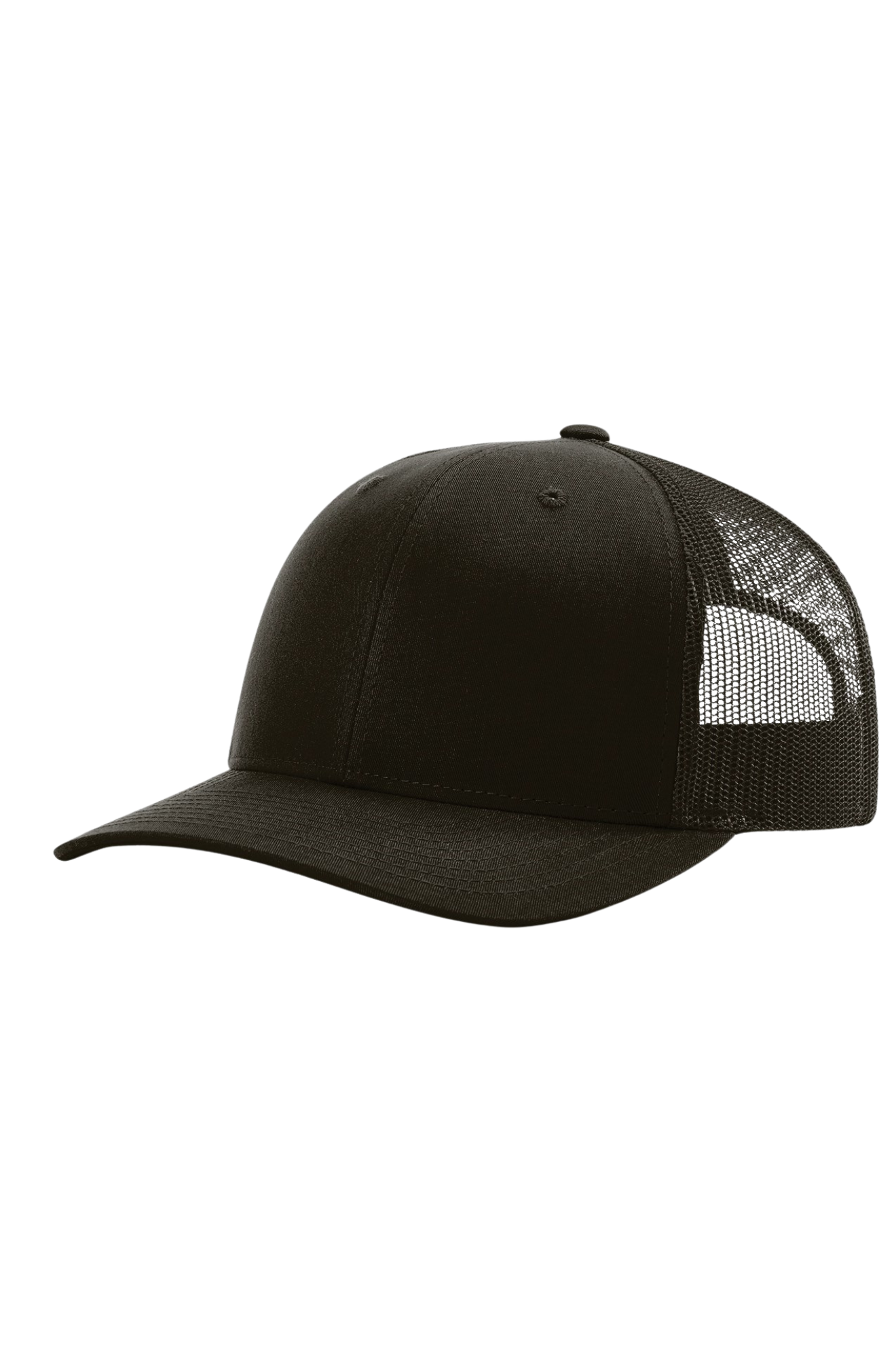 Black trucker cap with mesh back on a white background