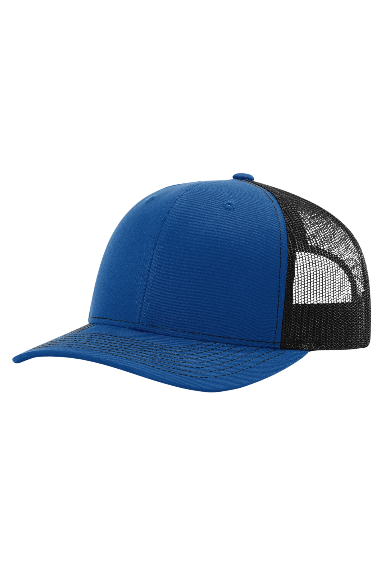 Blue cap with black mesh back on a white background