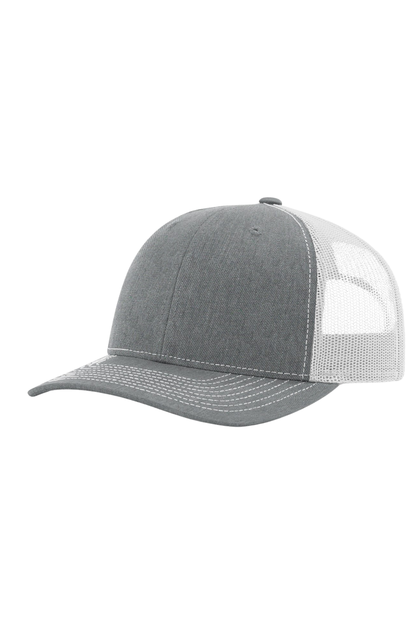 Gray and white cap with mesh back on a white background