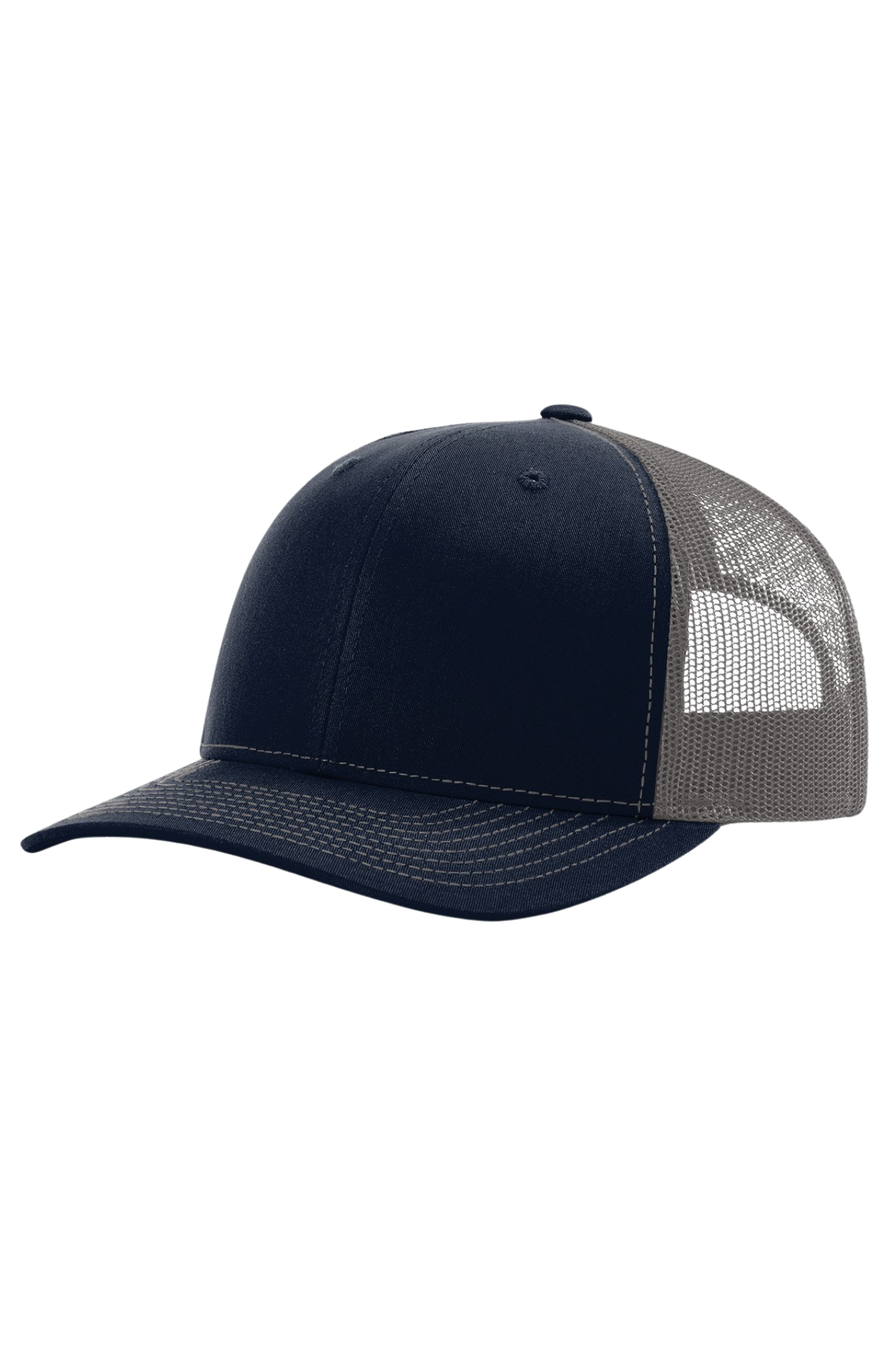 Navy blue and gray cap with mesh back on a white background