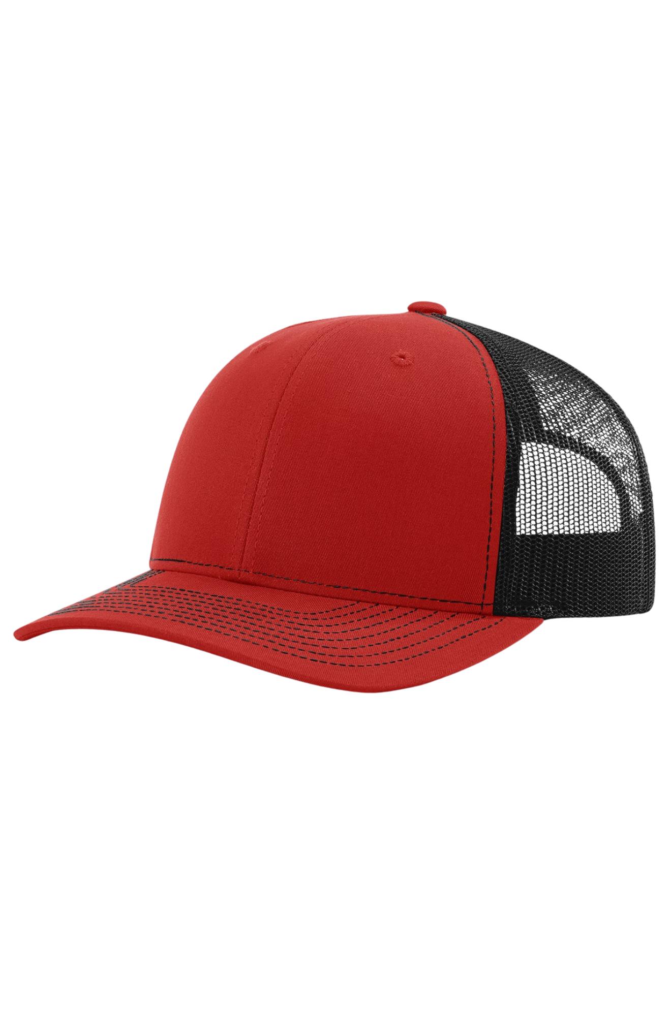 Red and black cap with mesh back on a white background