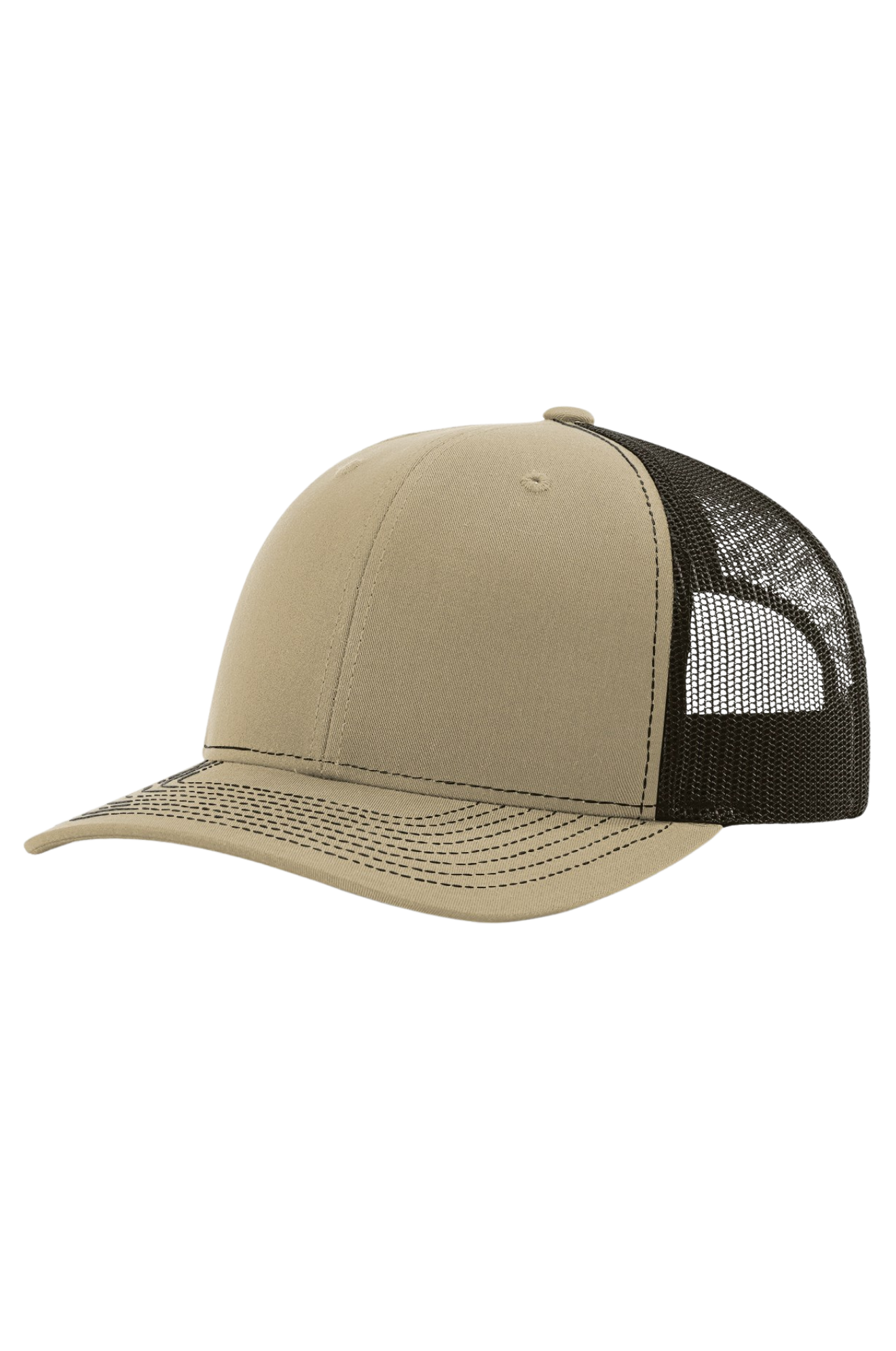 Beige and black trucker cap on a white background