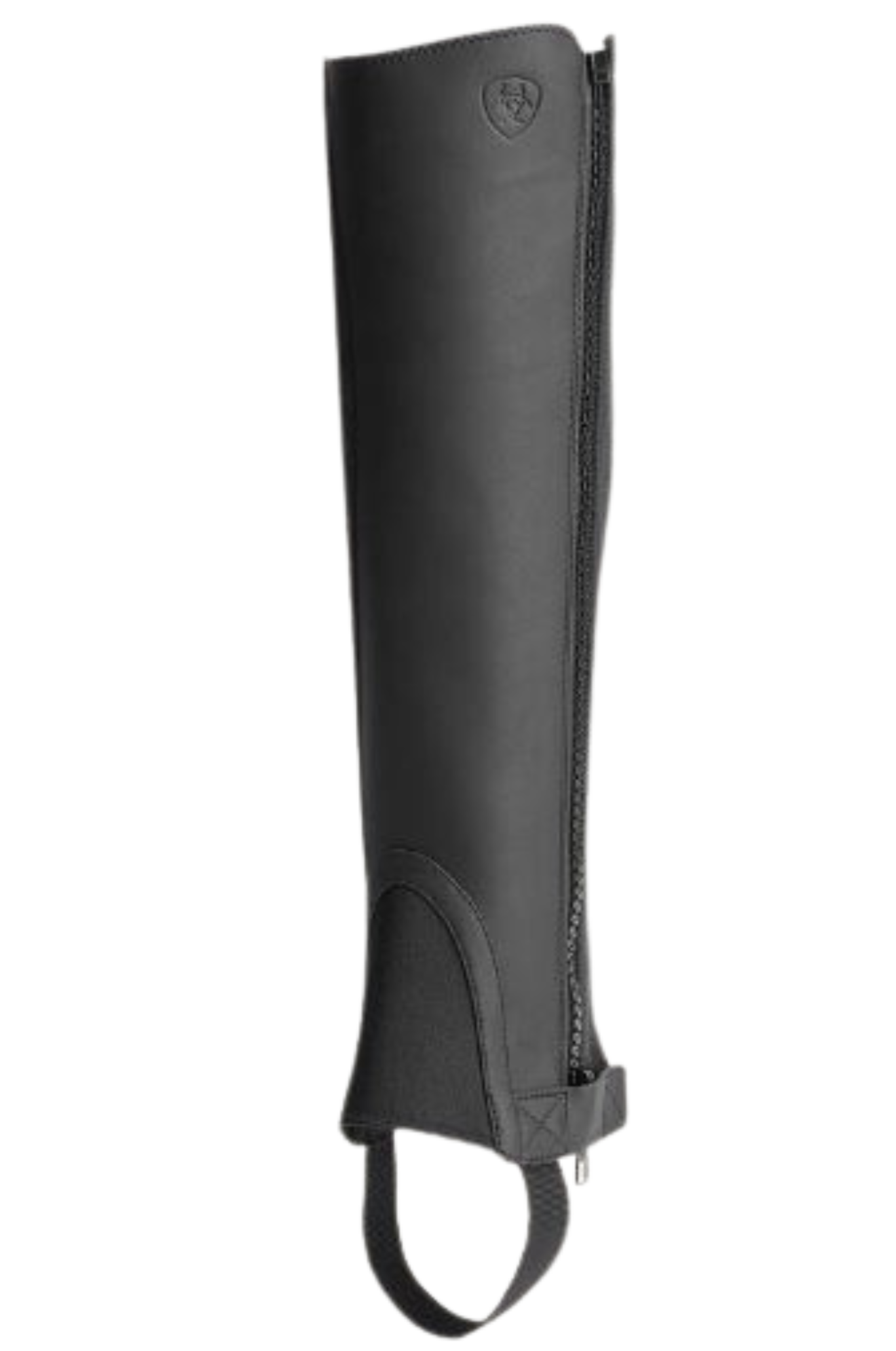 A pair of black leather chaps with a zipper at the lower leg and a small brand logo at the top.