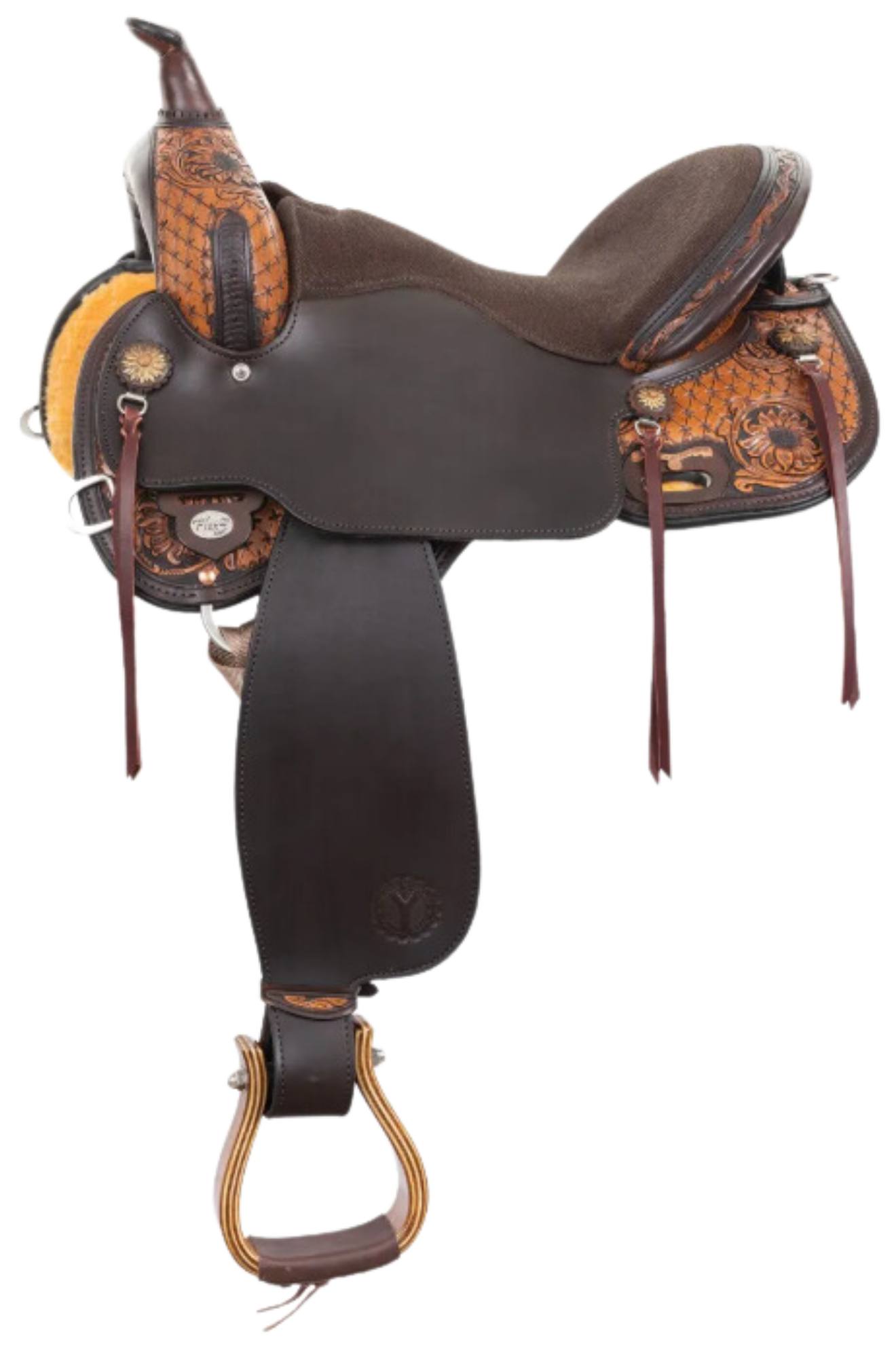 A brown and beige Circle Y Sunflower Flex2 Trail saddle with a patterned skirt and p相关新闻ers.