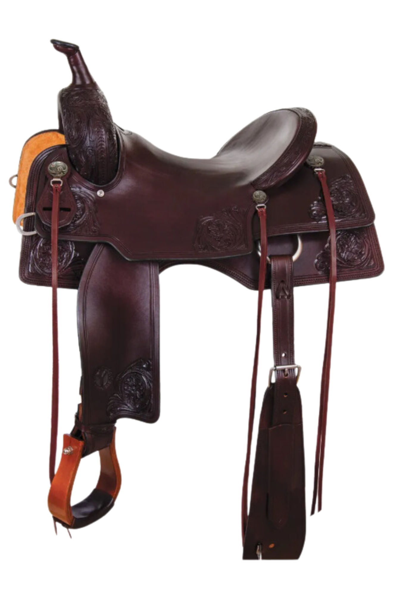A brown leather western saddle with floral tooling and orange rawhide accents.