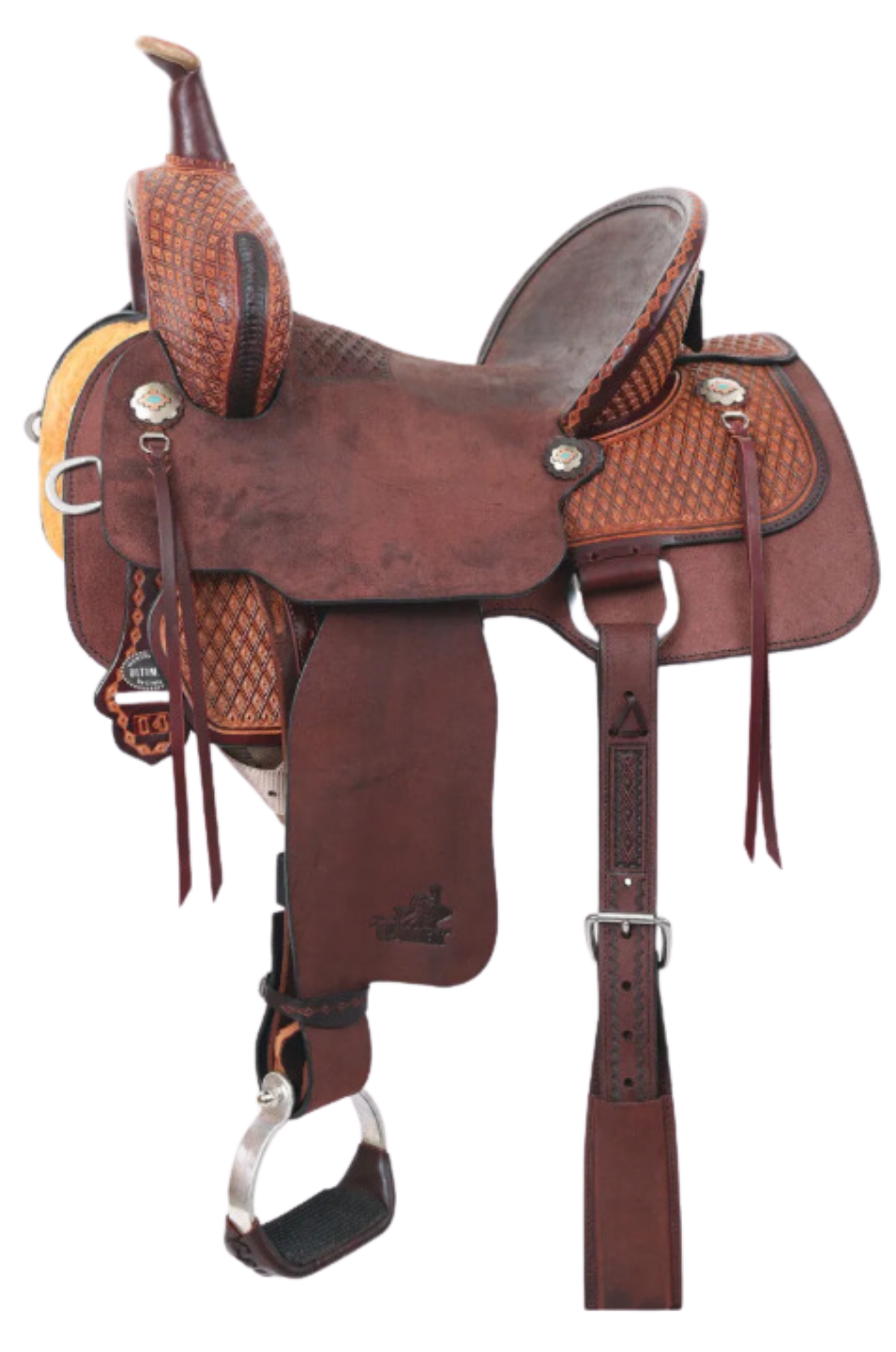 A brown leather barrel saddle with silver accents and rawhide details.