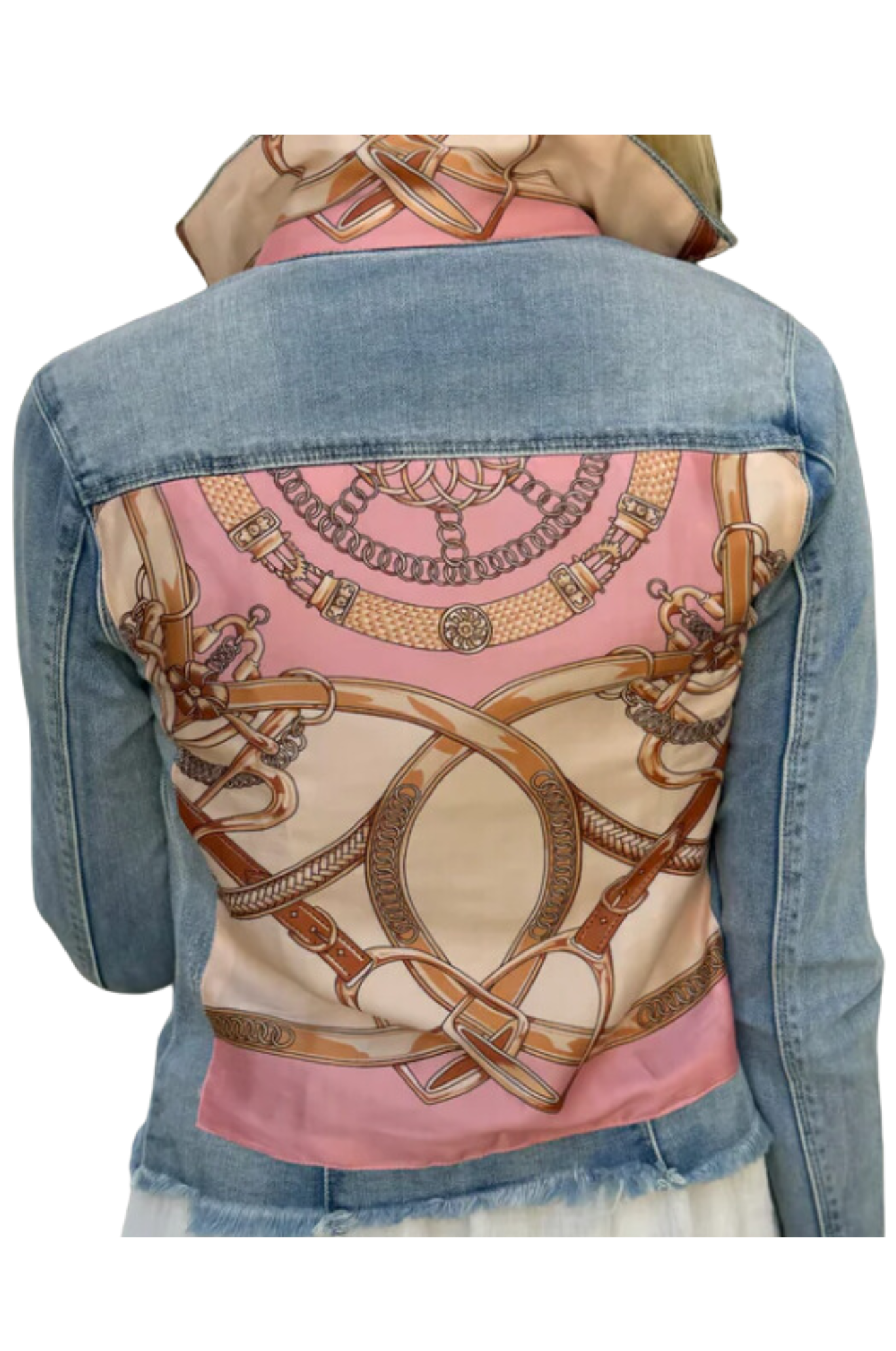 The back view of a denim jacket with a pink and beige geometric pattern design on the upper back area.