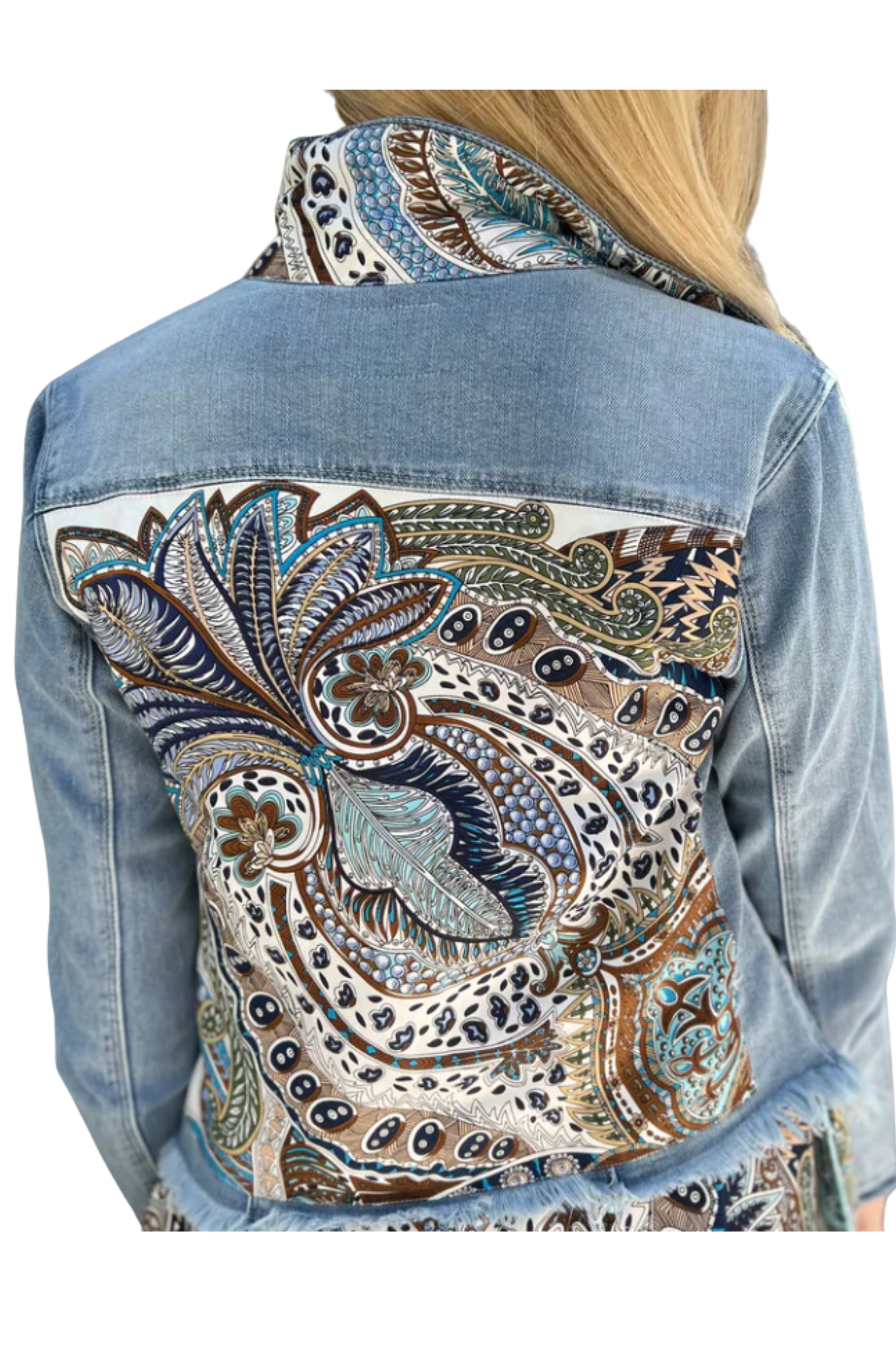 The back view of a denim jacket with a pink and beige geometric pattern design on the upper back area.