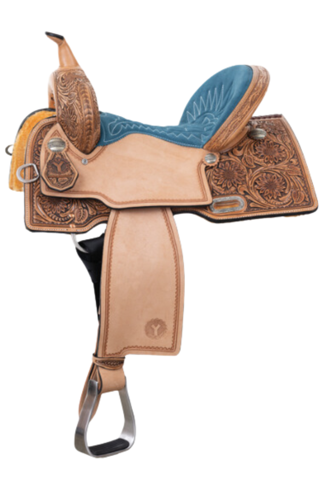 A brown and blue Maisle Freedom Fit Barrel Saddle with intricate sunflower hand tooling.