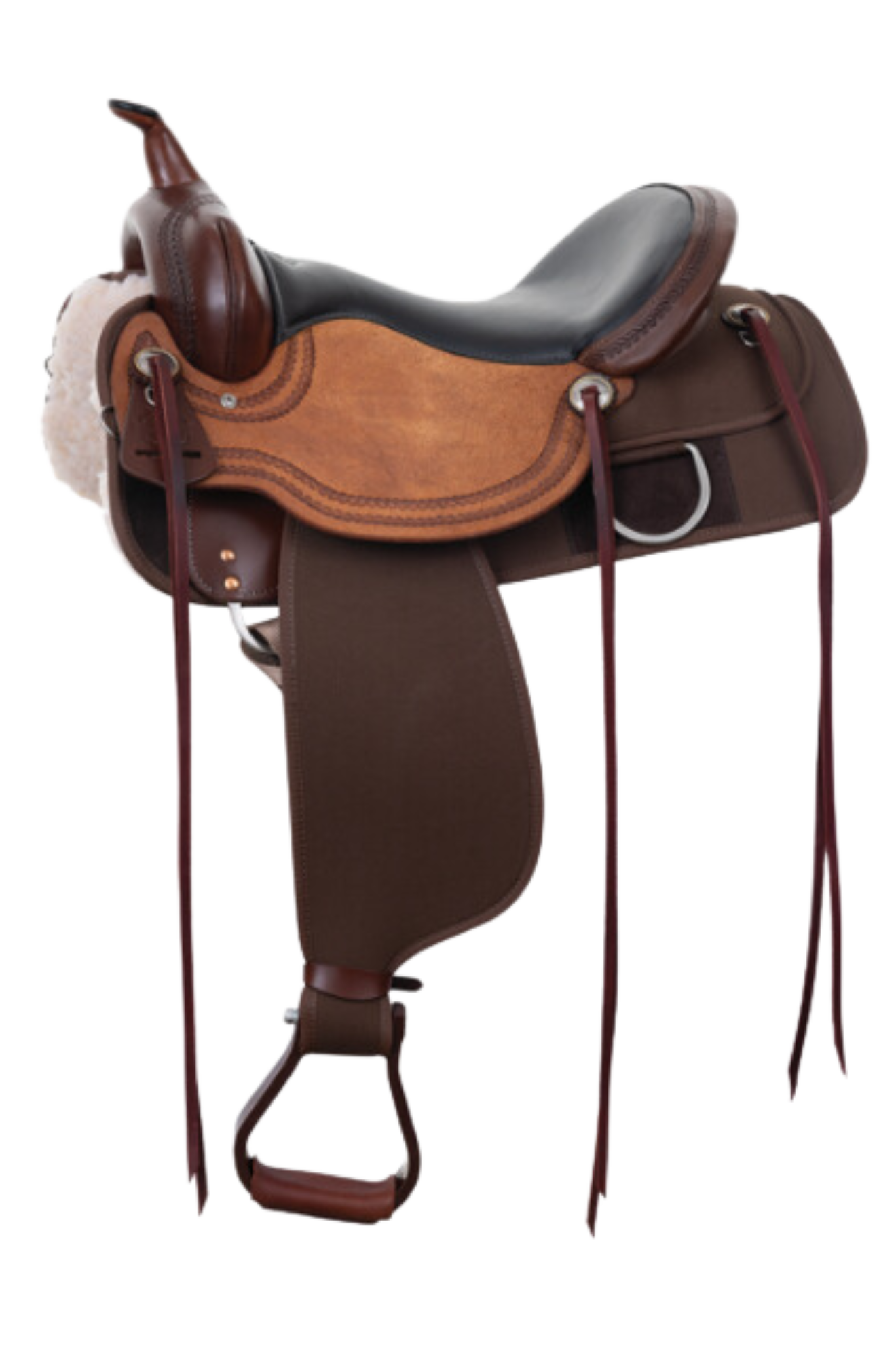 A brown western saddle with no visible brand markings.