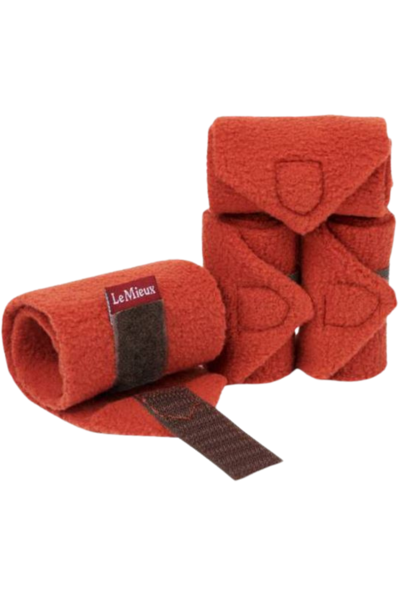 A set of red horse bandages with brown straps.